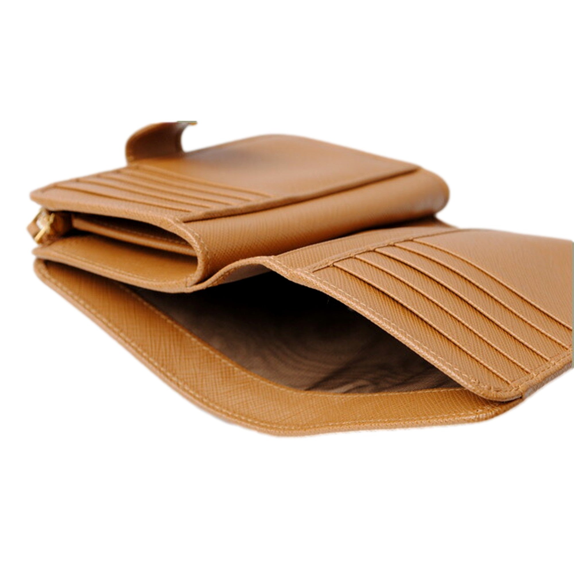 Prada Caramel Saffiano Leather Wallet - Gold Logo, Zipper & Style