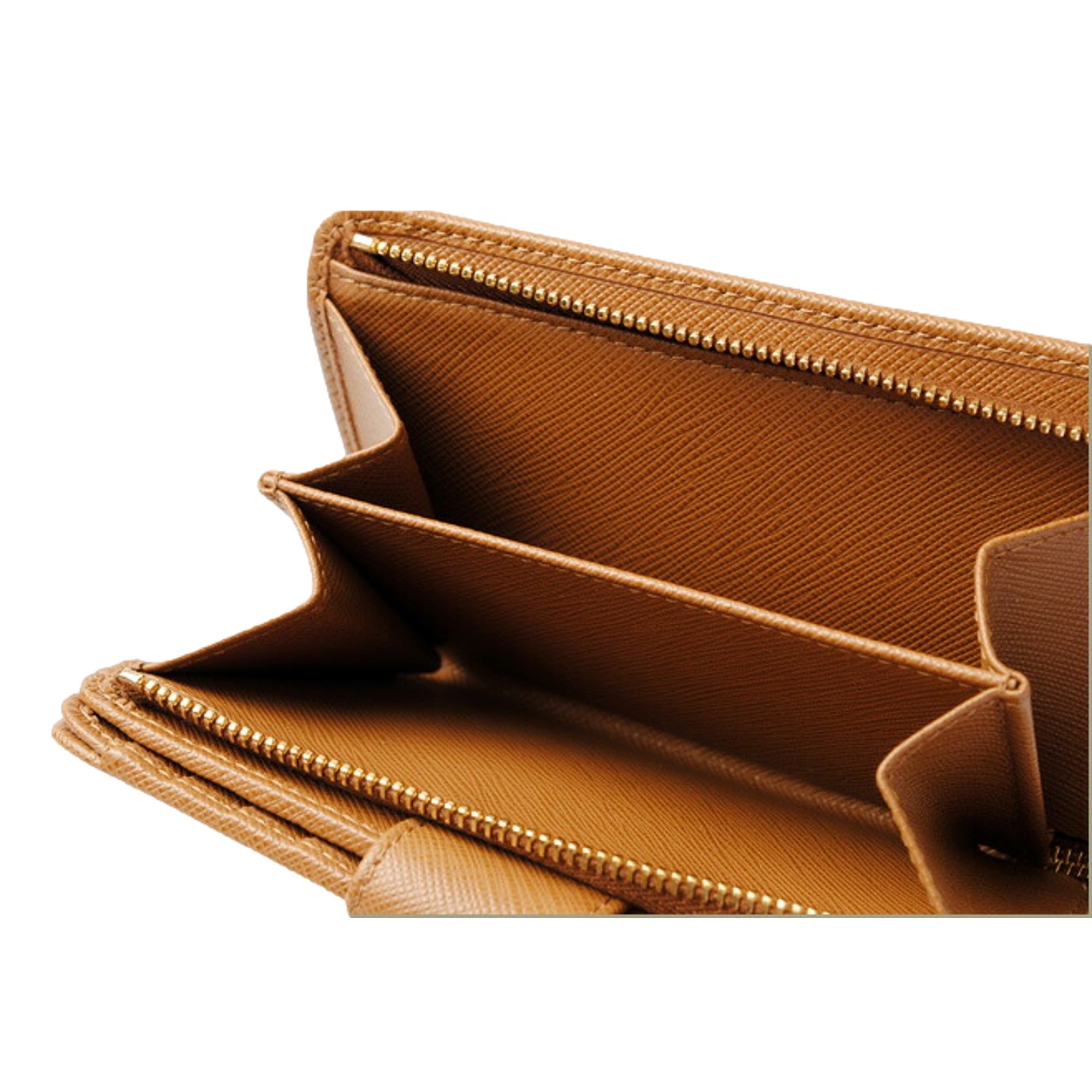 Prada Caramel Saffiano Leather Wallet - Gold Logo, Zipper & Style