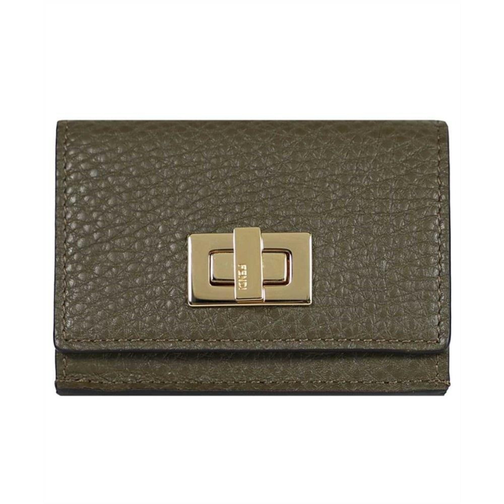Luxurious Fendi Selleria Leather Avocado Green Micro Trifold Wallet
