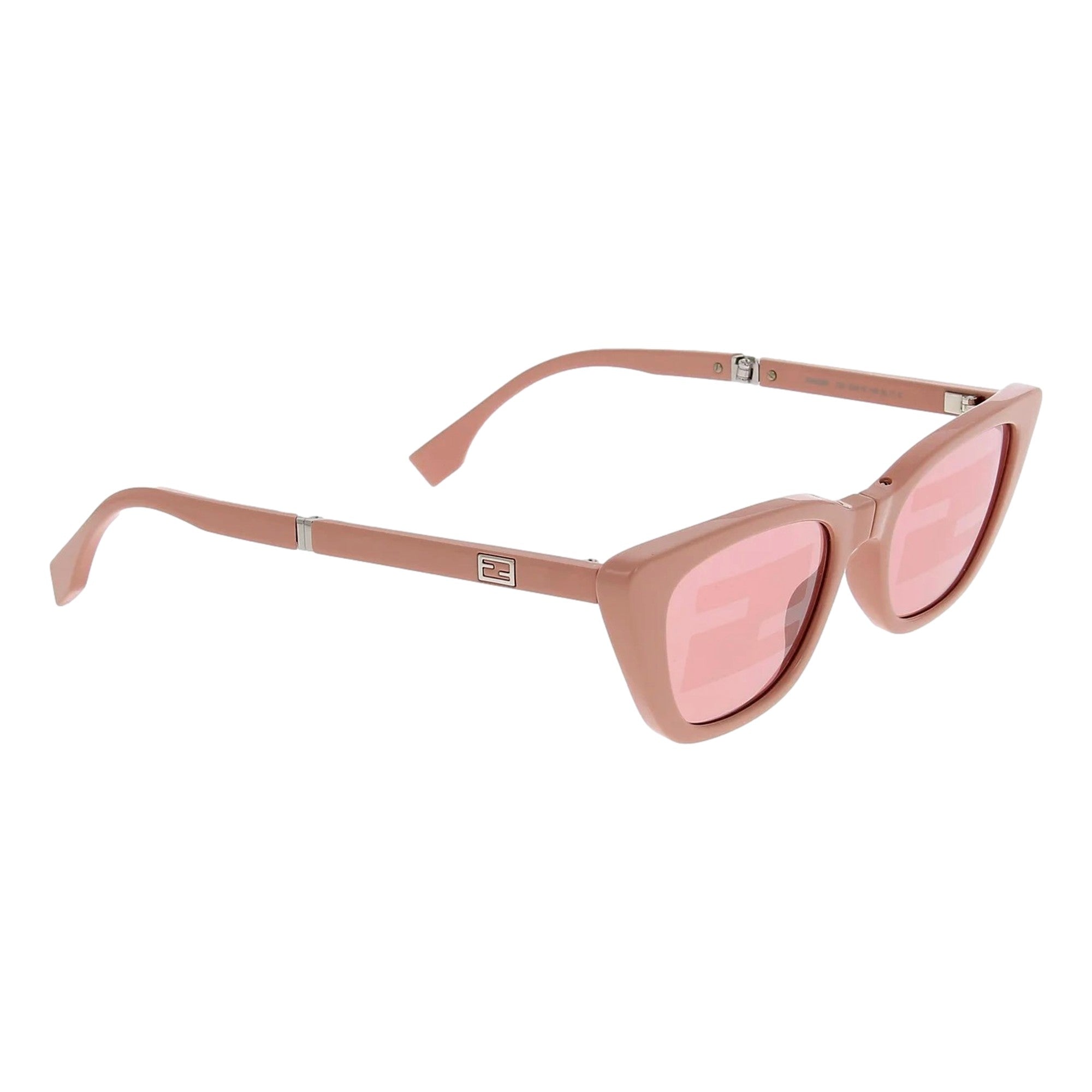 Fendi Sunglasses: Chic Women's Shades with FF Logo & UV Protection -  Fendi Injected Touch of FF Pink and Silver Sunglasses combine sophisticated design with essential sun protection. Crafted in Italy, these sunglasses feature the iconic FF logo on the temples and provide 100% UV protection, ensuring your eyes stay safe while you maintain a polished, fashionable look. Ideal for those who appreciate luxury and functionality in their eyewear.Model FOL052Dimensions: Arm Length: 14cm, Bridge Width: 1.9cm