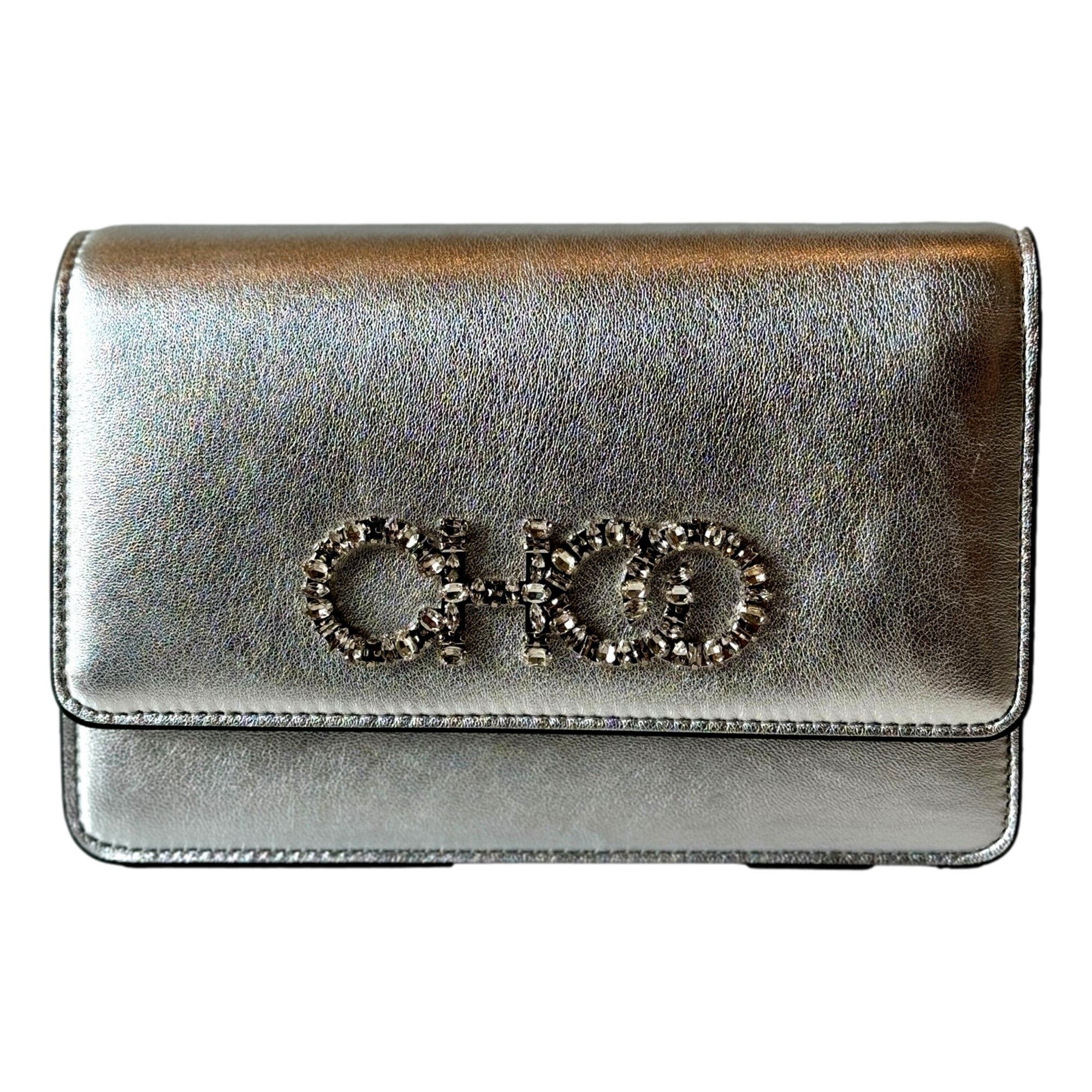 Silver Clutch & Crossbody Bag | Jimmy Choo | Crystal Logo Elegance