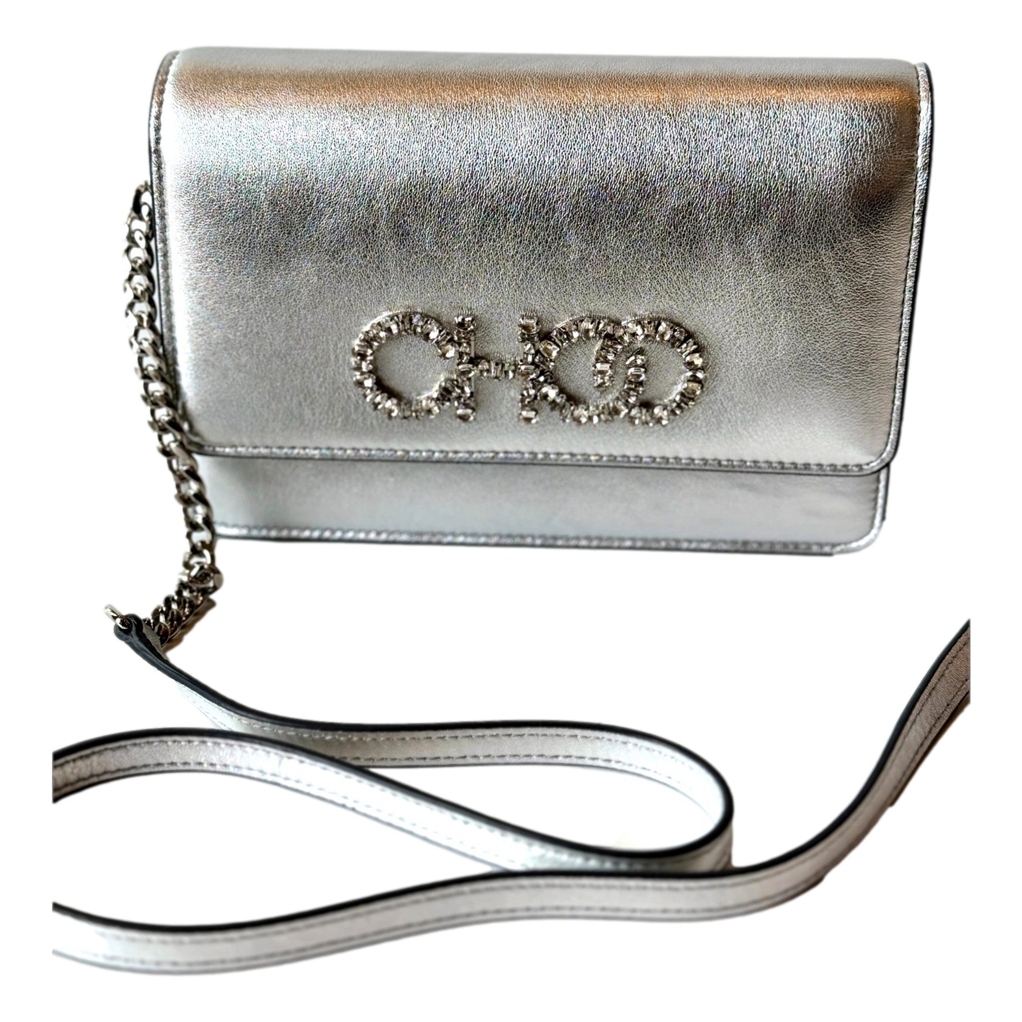 Silver Clutch & Crossbody Bag | Jimmy Choo | Crystal Logo Elegance