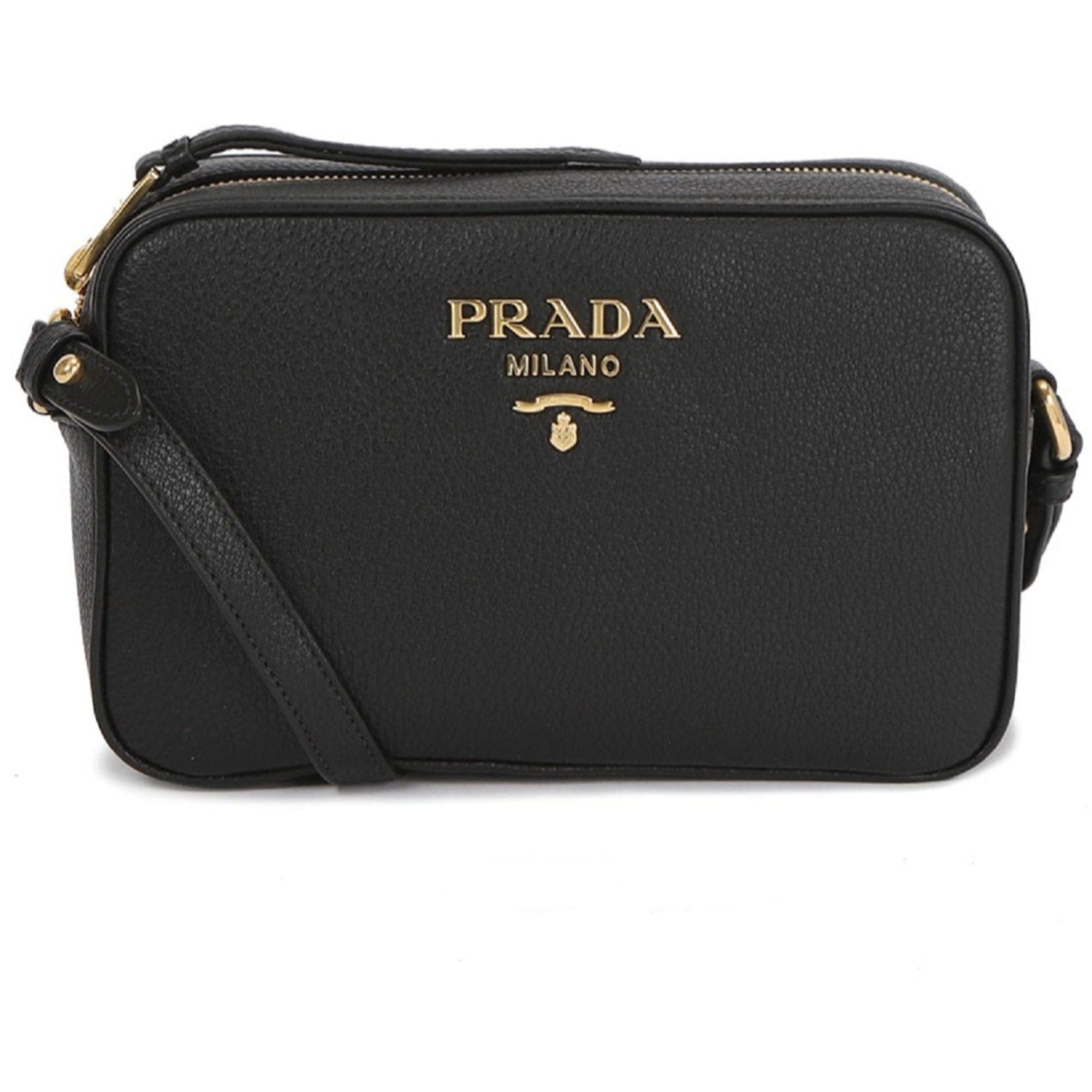 Prada Black Leather Camera Bag - Chic Crossbody with Gold Logo