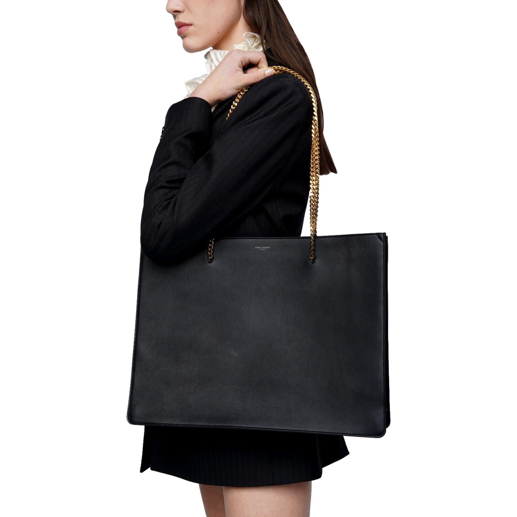 Saint Laurent Siena Ultra Lux Black Calf Leather Chain Shoulder Tote