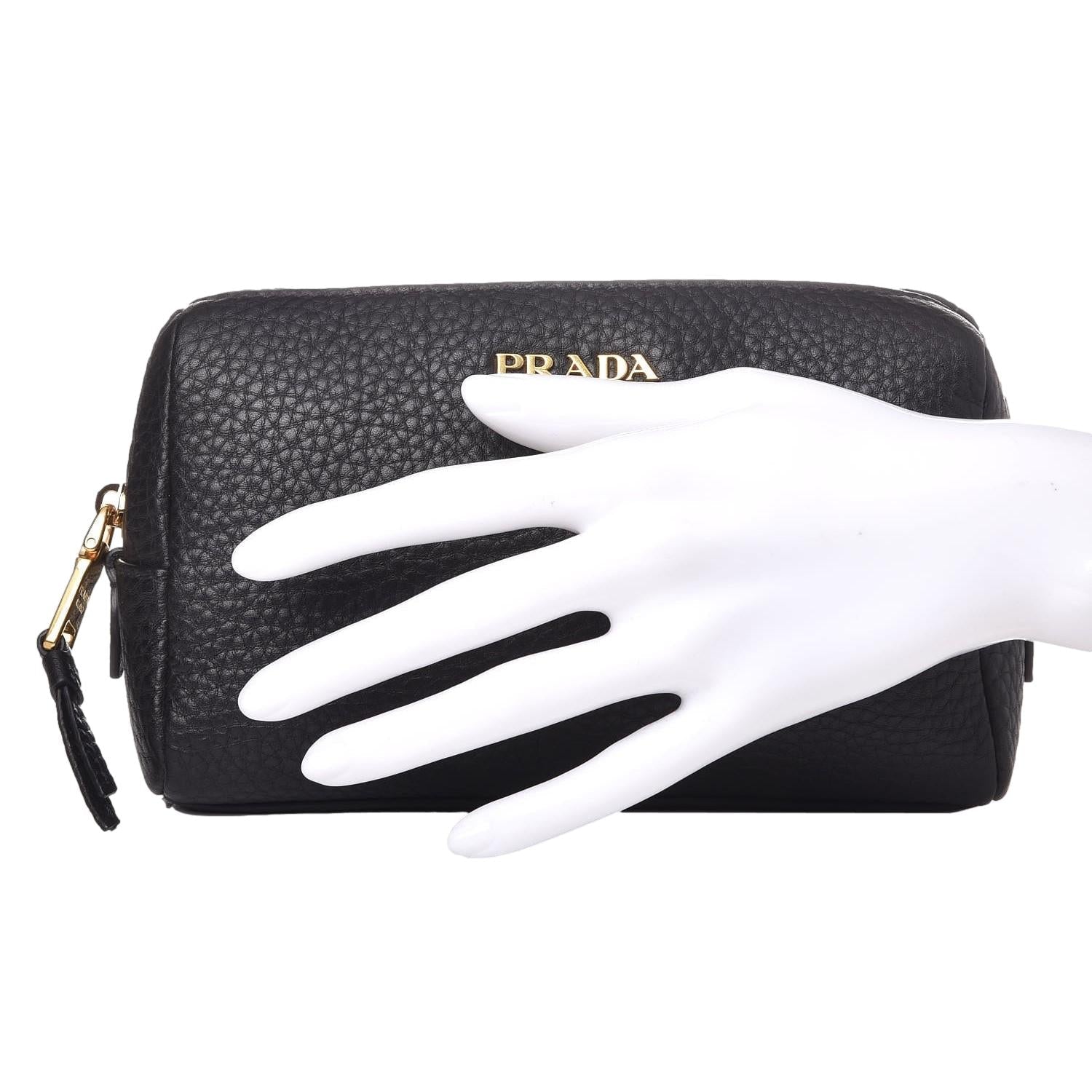 Prada Vitello Daino Black Leather Cosmetic Pouch - Stylish & Compact