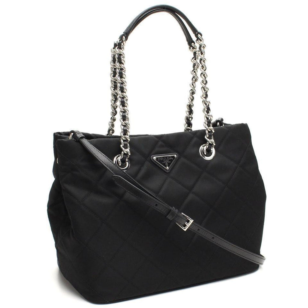 Prada Black Quilted Tessuto Tote - Stylish Nylon Chain Shoulder Bag