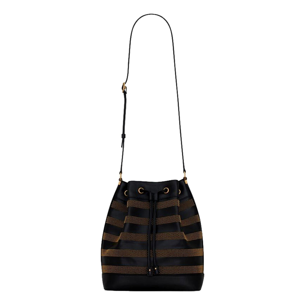 Saint Laurent Bucket Bag - Black Crossbody Elegance with Gold Studs