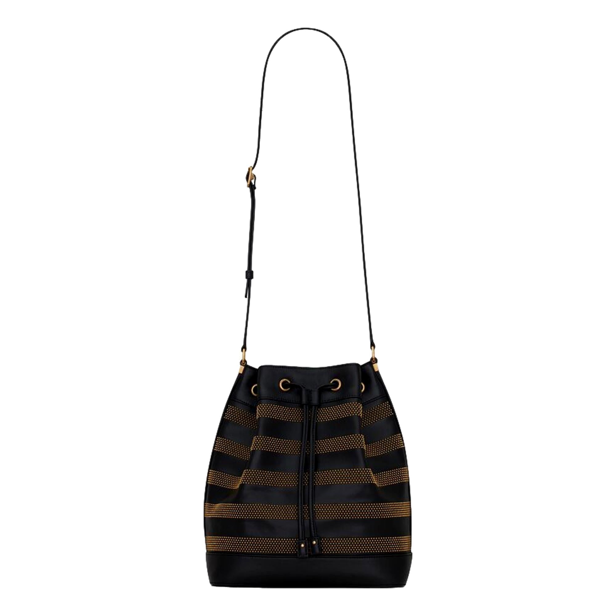 Saint Laurent Bucket Bag - Black Crossbody Elegance with Gold Studs