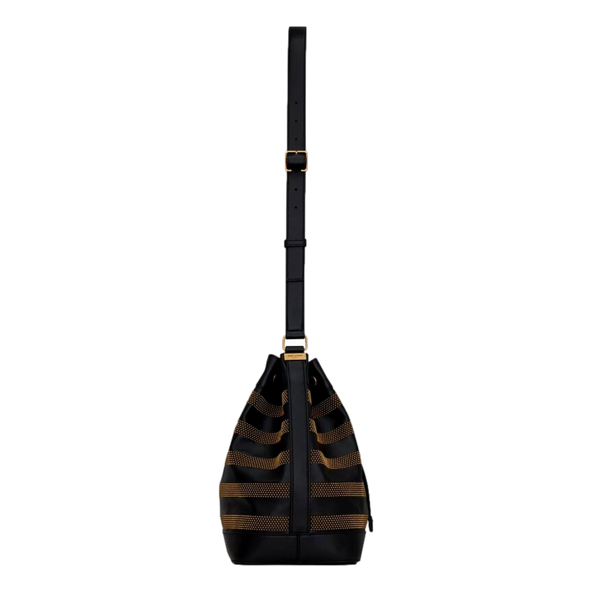 Saint Laurent Bucket Bag - Black Crossbody Elegance with Gold Studs
