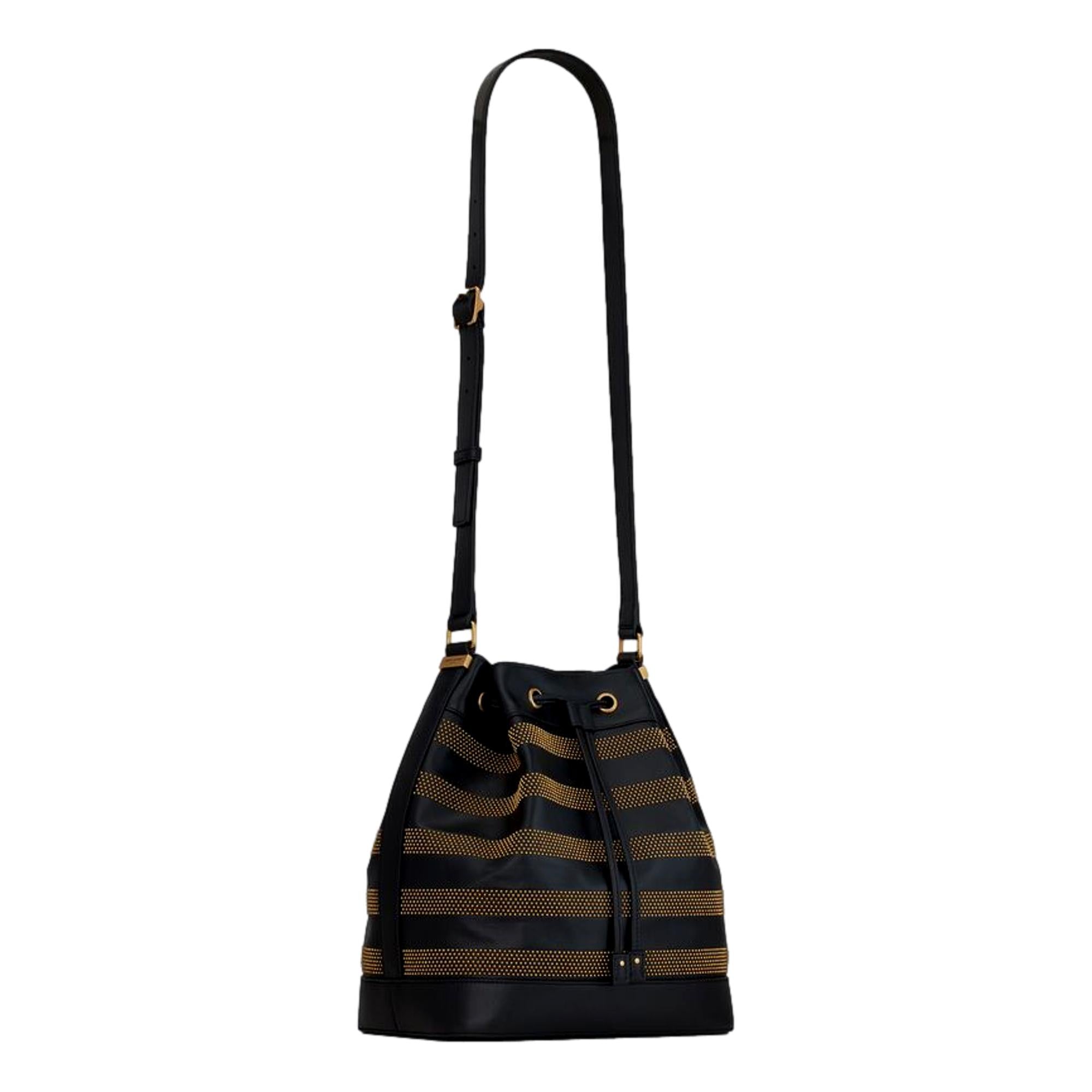 Saint Laurent Bucket Bag - Black Crossbody Elegance with Gold Studs