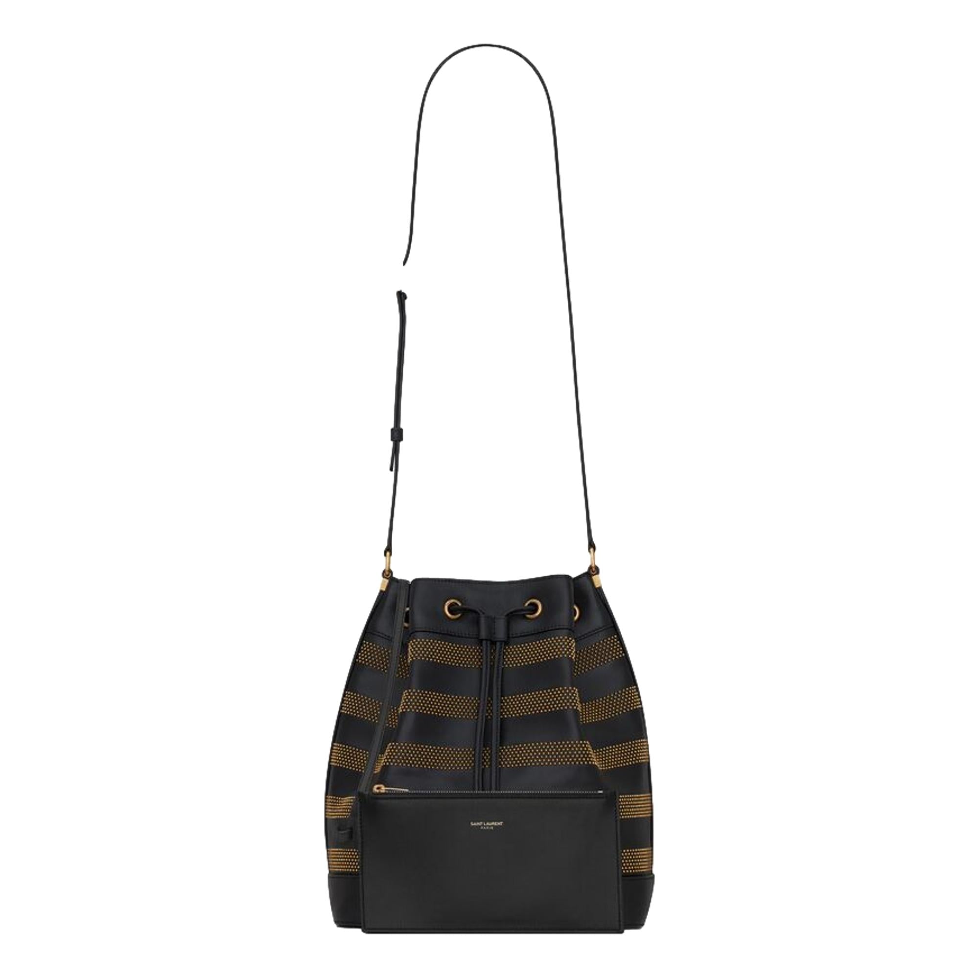Saint Laurent Bucket Bag - Black Crossbody Elegance with Gold Studs