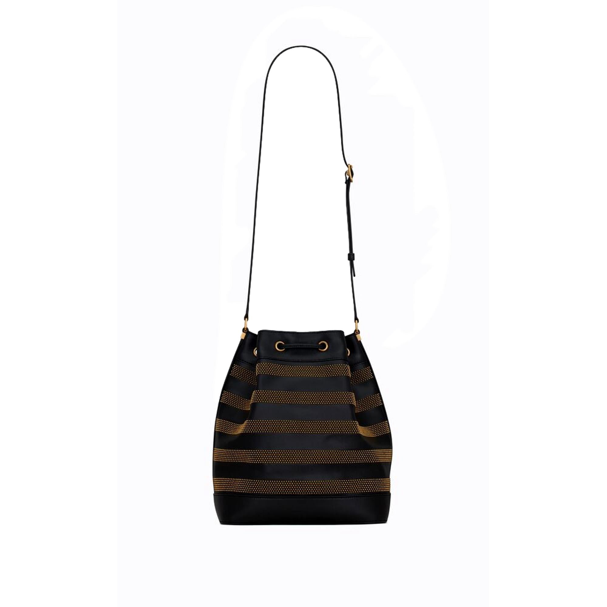 Saint Laurent Bucket Bag - Black Crossbody Elegance with Gold Studs