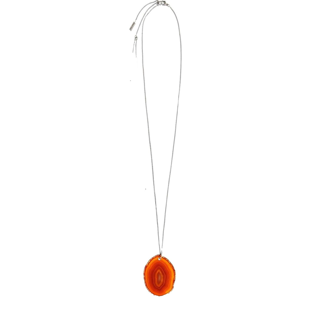 Saint Laurent Agate Necklace, Brass Chain - Elegant Orange-Brown Stone -  The Saint Laurent Agate Necklace combines a lengthy silver brass chain with a lobster claw clasp for adjustable wear. Its semi-precious agate stone showcases warm orange and brown hues, framed in silver. The stone’s color shifts subtly with light and outfit, offering a dynamic and refined accessory. Model: 602594Agate stoneAdjustable chainLobster claw closureIncludes authenticity card and boxMade in Italy Shop Bags 