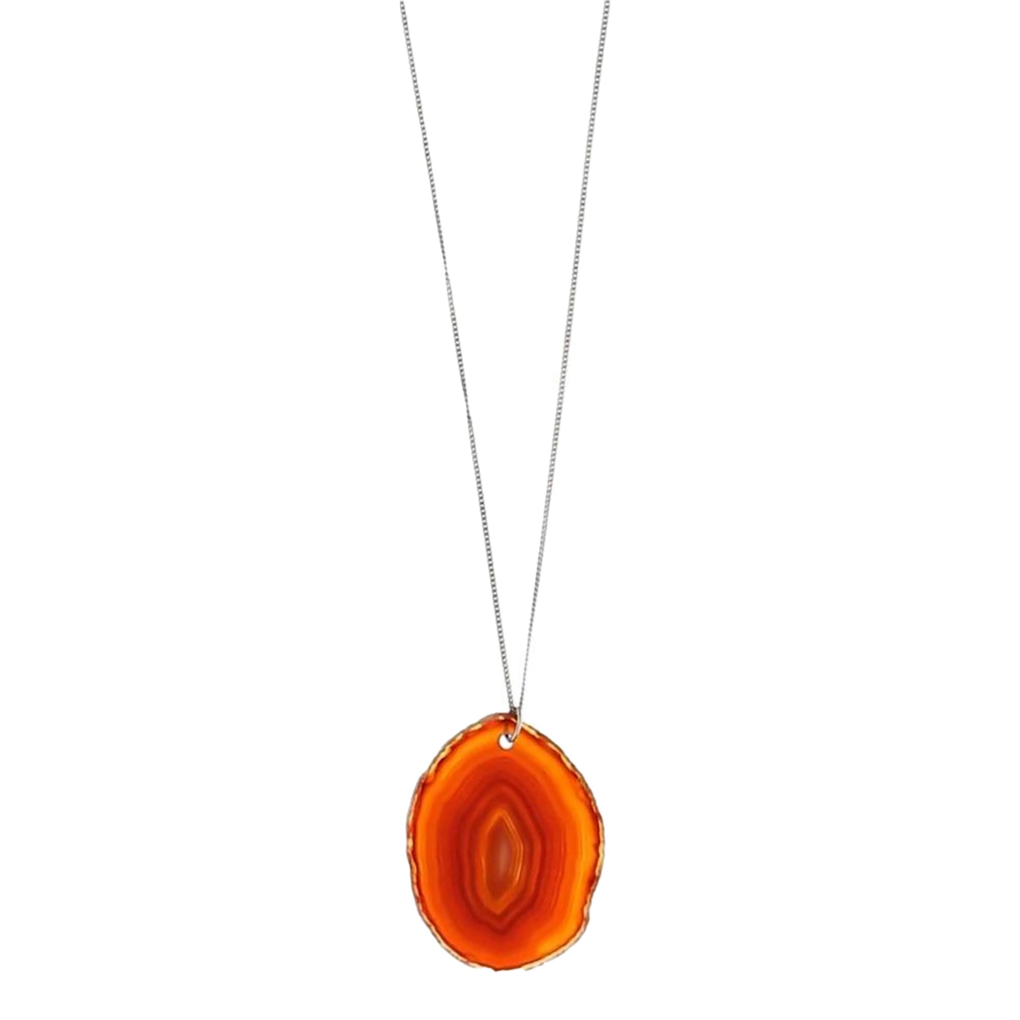 Saint Laurent Agate Necklace, Brass Chain - Elegant Orange-Brown Stone -  The Saint Laurent Agate Necklace combines a lengthy silver brass chain with a lobster claw clasp for adjustable wear. Its semi-precious agate stone showcases warm orange and brown hues, framed in silver. The stone’s color shifts subtly with light and outfit, offering a dynamic and refined accessory. Model: 602594Agate stoneAdjustable chainLobster claw closureIncludes authenticity card and boxMade in Italy Shop Bags 