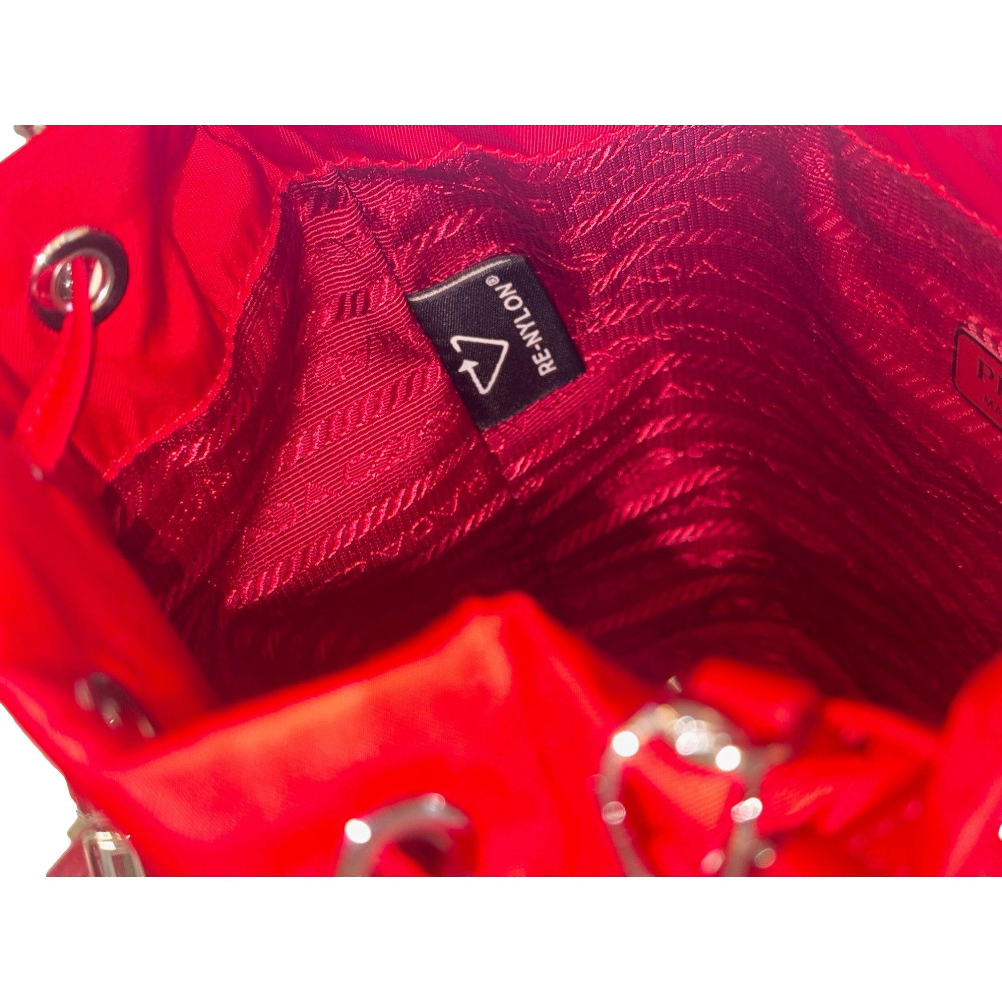 Prada Red Re-Nylon Bucket Bag - Crystal Handle & Versatile Style