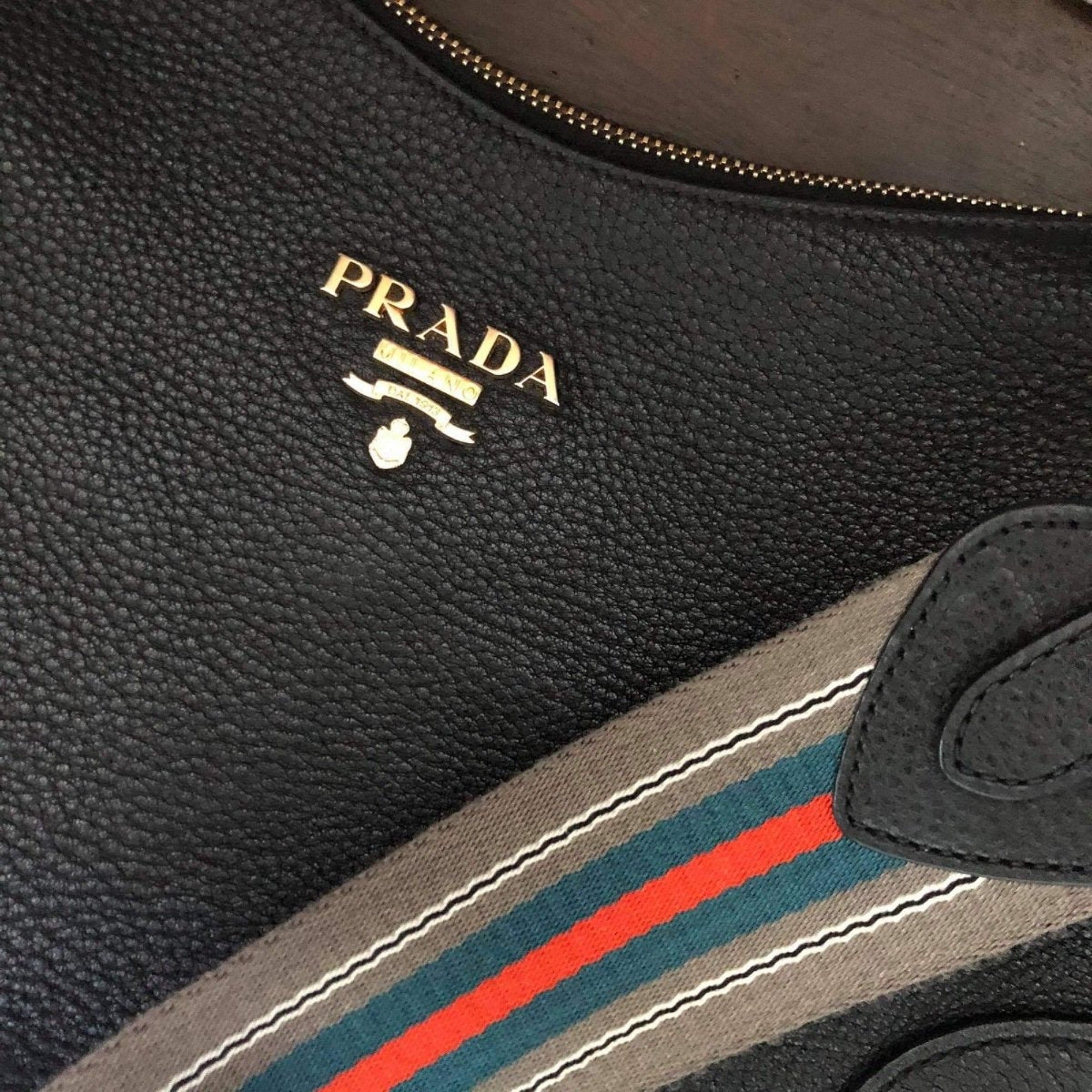 Chic Prada Black Leather Crossbody with Stripe Strap - Shop Now