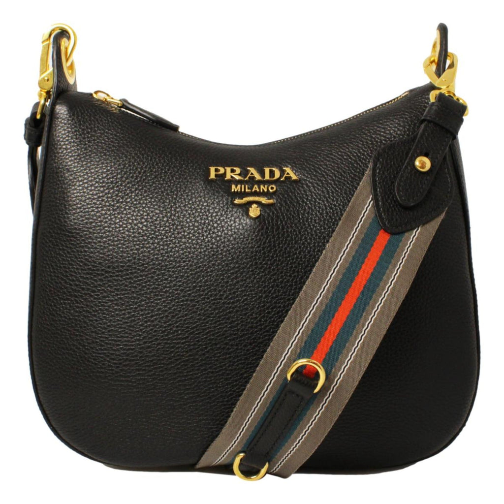 Chic Prada Black Leather Crossbody with Stripe Strap - Shop Now