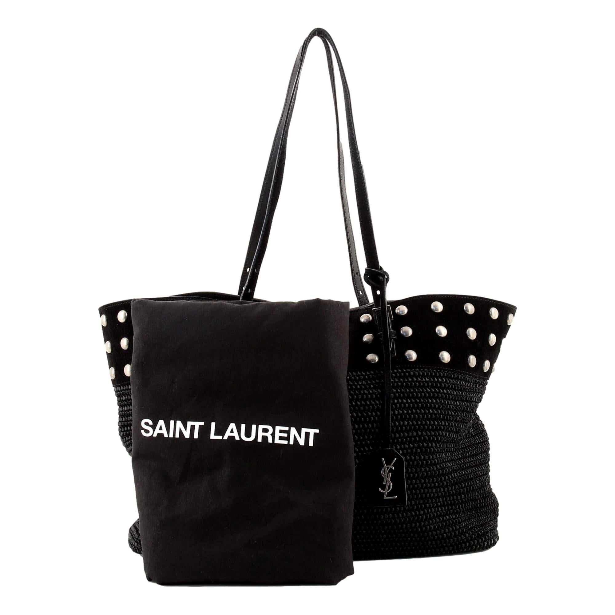 Saint Laurent Studded Raffia Tote - Chic Black Leather Bag for All