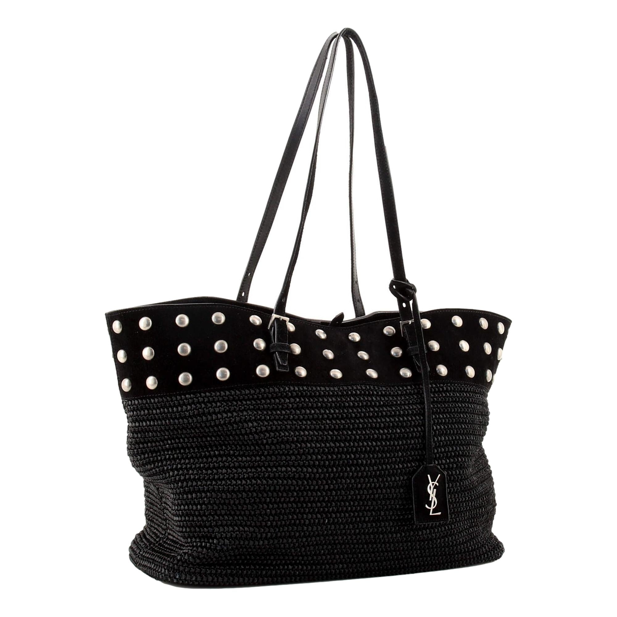 Saint Laurent Studded Raffia Tote - Chic Black Leather Bag for All