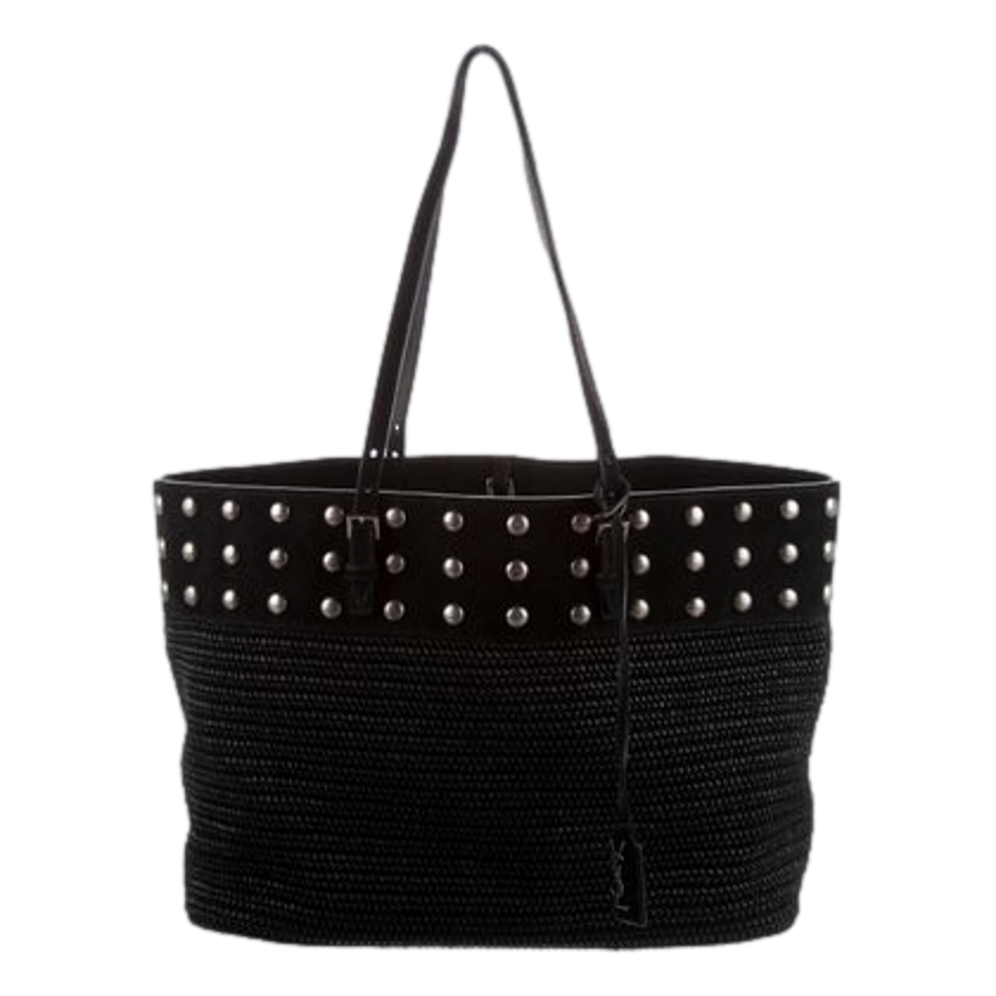 Saint Laurent Studded Raffia Tote - Chic Black Leather Bag for All