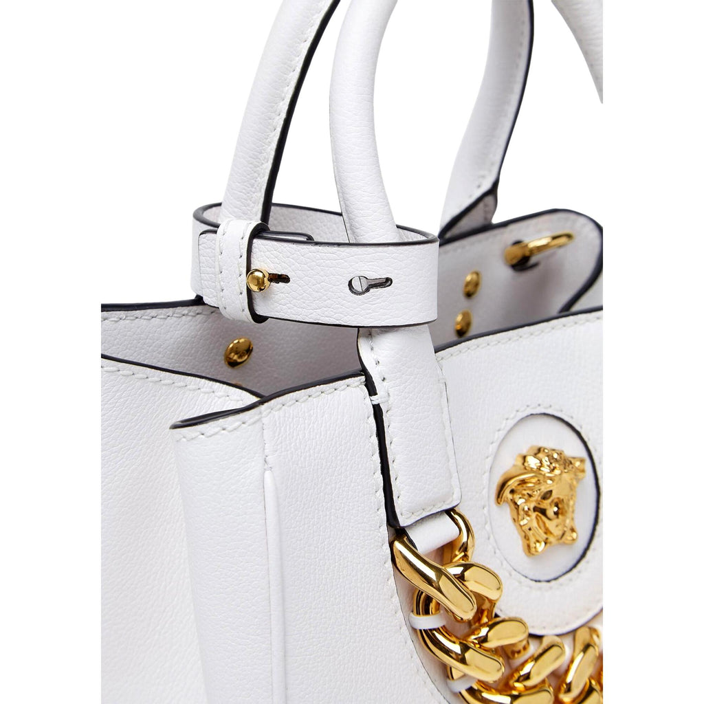 Versace White Tote Bag - Crossbody Style with Medusa Gold Plaque