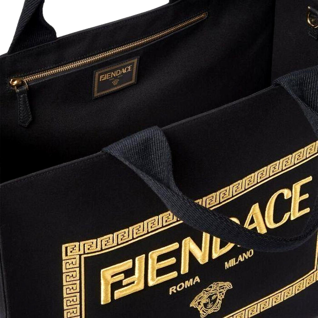 Stylish Large Shopping Tote: Fendi x Versace Fendace Black Canvas