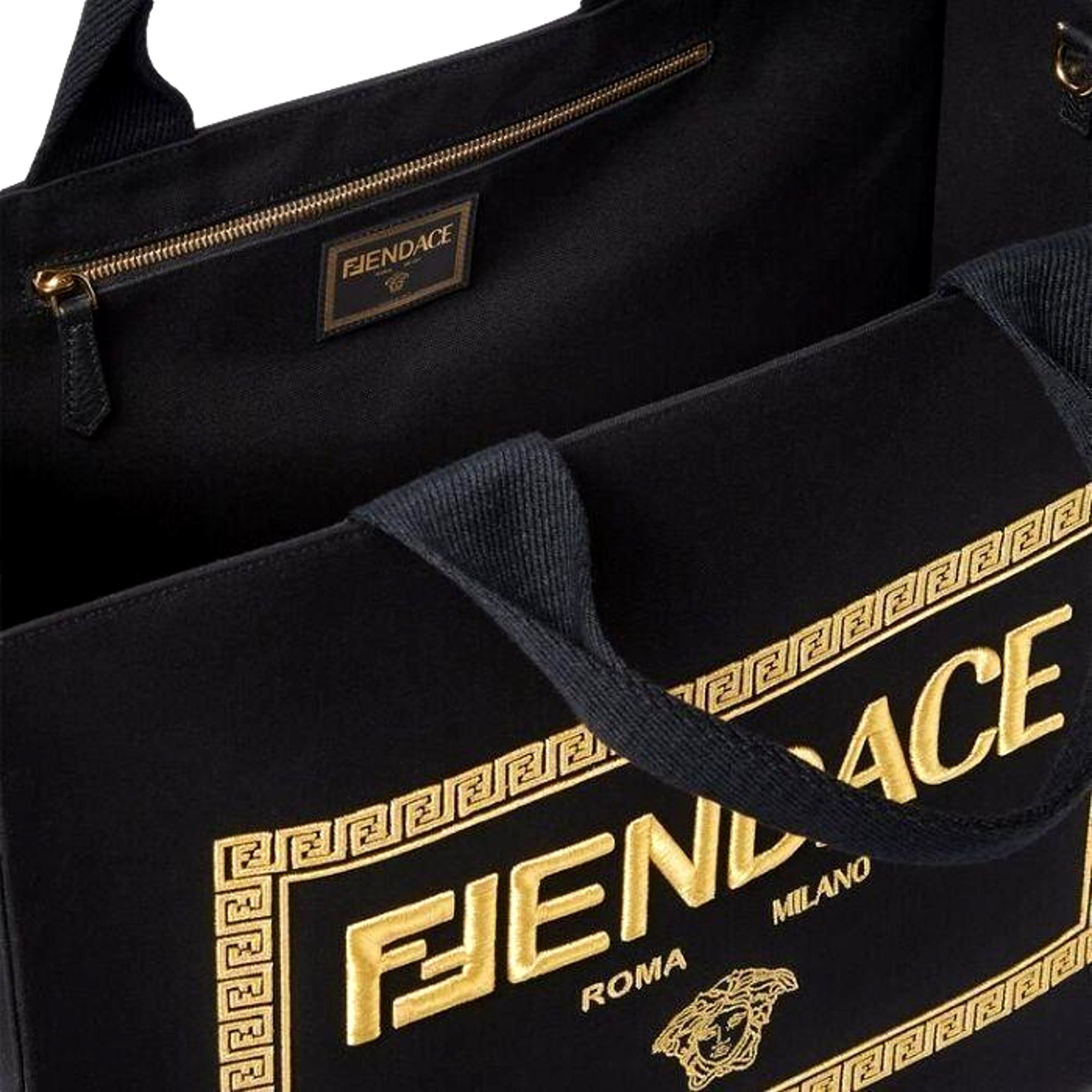 Stylish Large Shopping Tote: Fendi x Versace Fendace Black Canvas