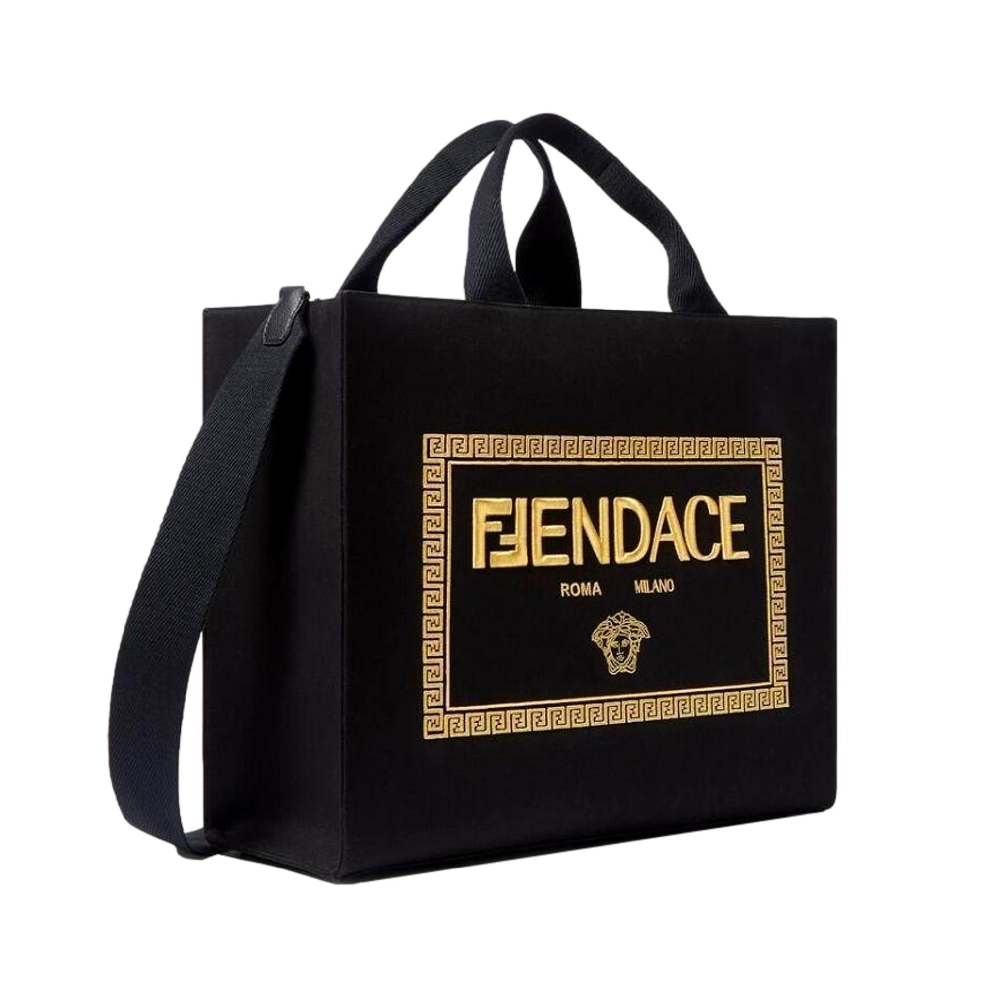Stylish Large Shopping Tote: Fendi x Versace Fendace Black Canvas