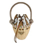 A Prada wicker bucket bag with a braided rope handle, featuring a white and brown leather bucket insert, a pink and green woven trim, and a gold-tone metal logo plaque on the front.