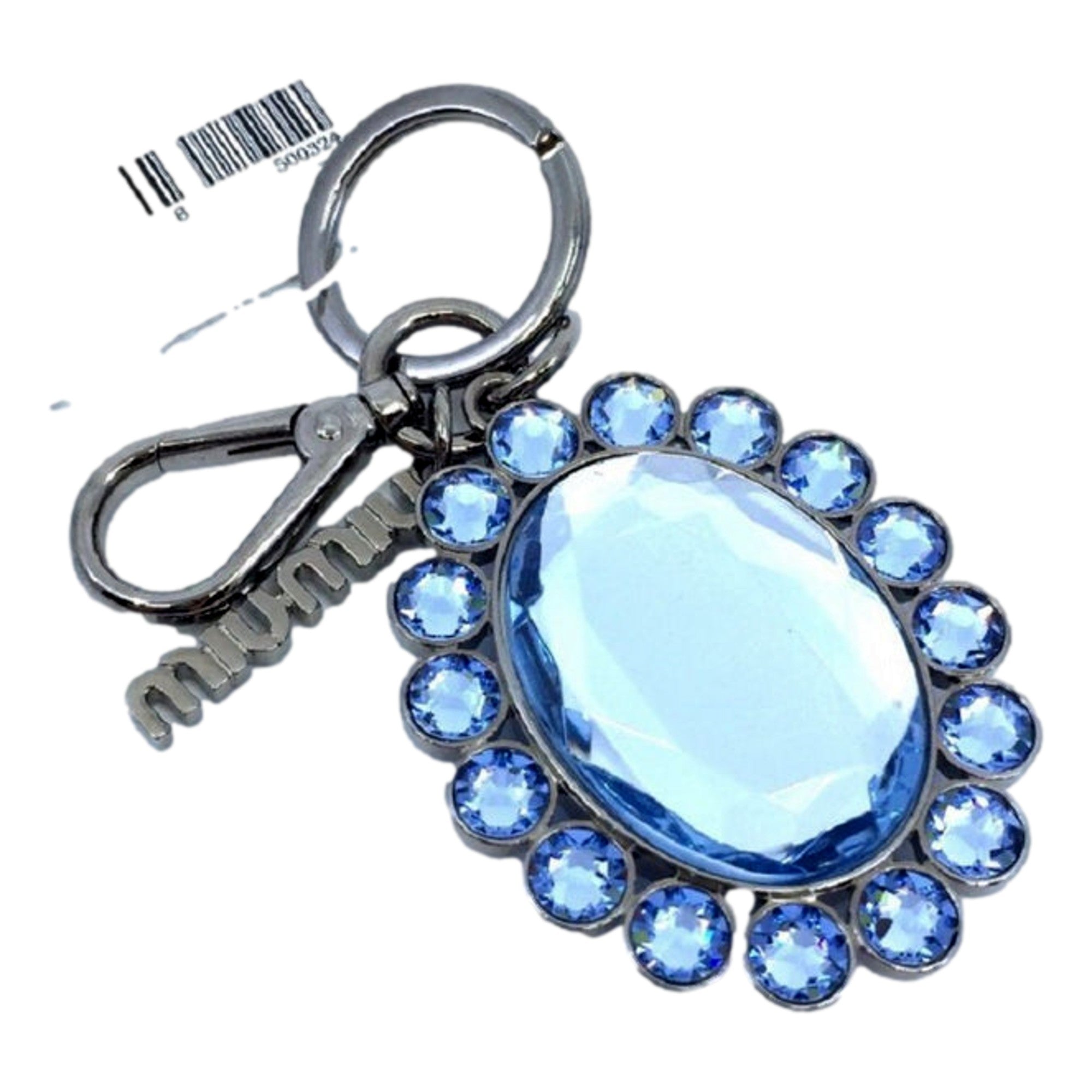 Miu Miu Crystal Key Chain - Elegant Rhinestone Bag Charm, Light Blue