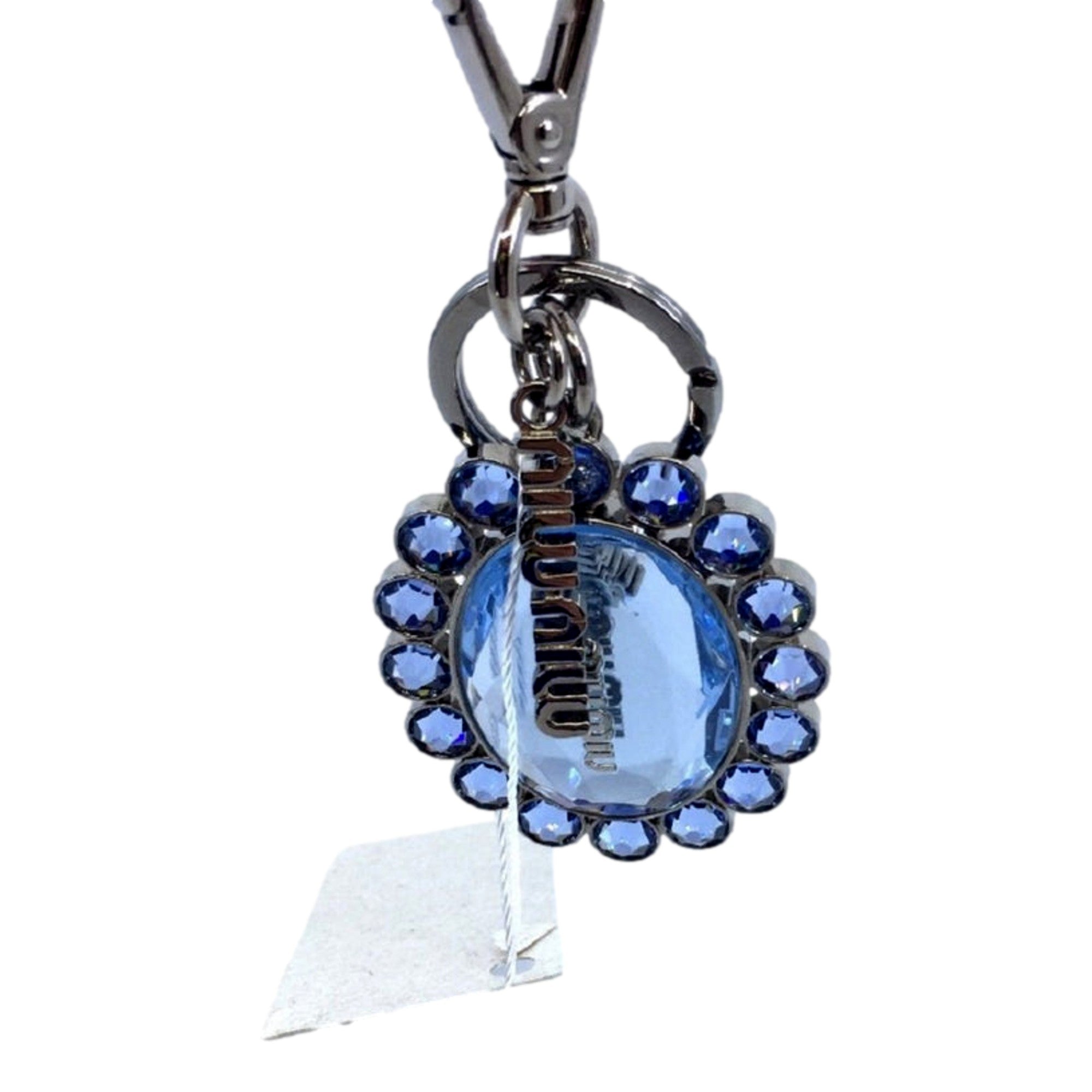 Miu Miu Crystal Key Chain - Elegant Rhinestone Bag Charm, Light Blue