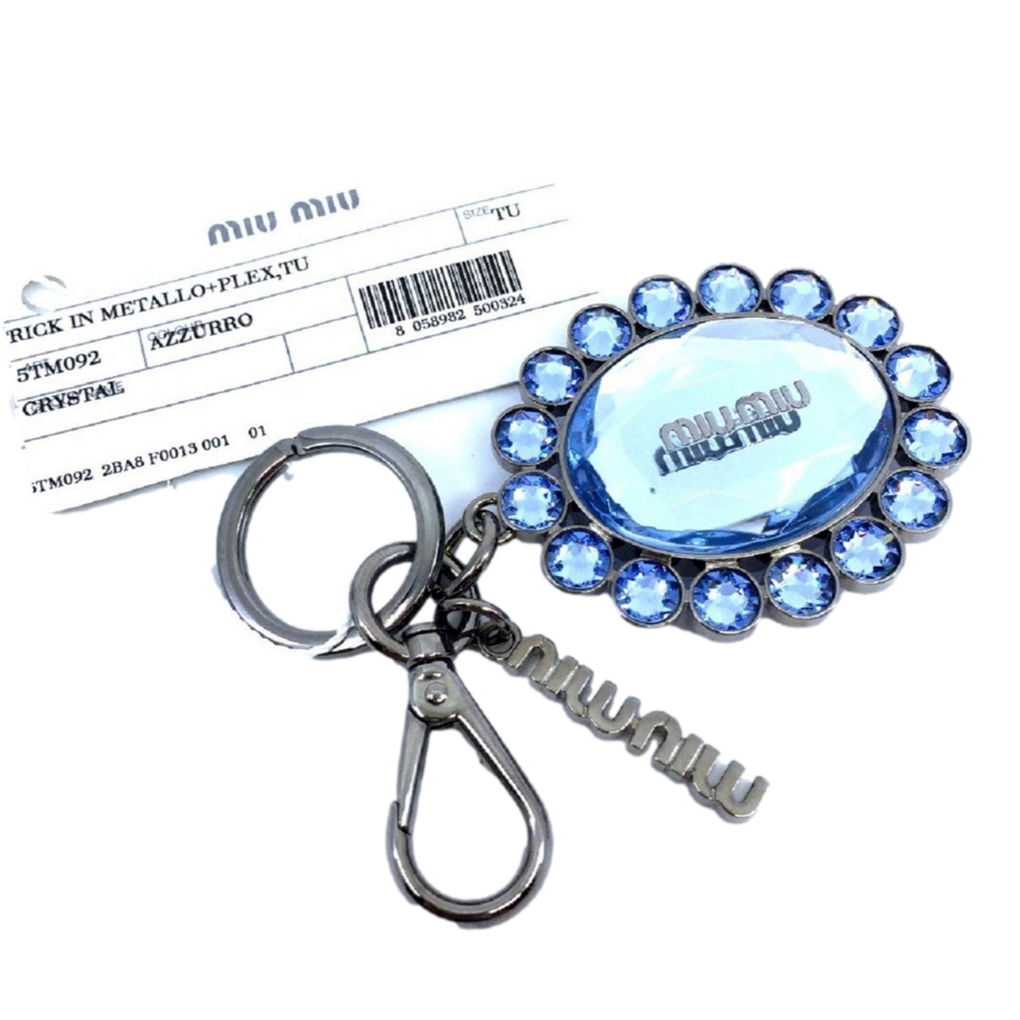 Miu Miu Crystal Key Chain - Elegant Rhinestone Bag Charm, Light Blue