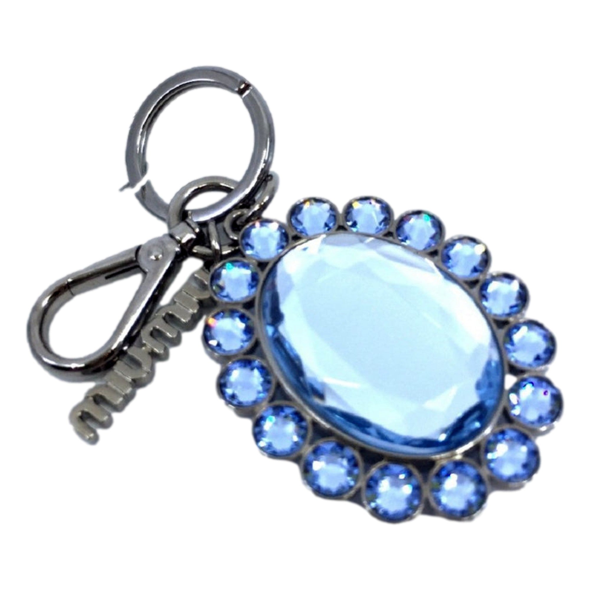 Miu Miu Crystal Key Chain - Elegant Rhinestone Bag Charm, Light Blue