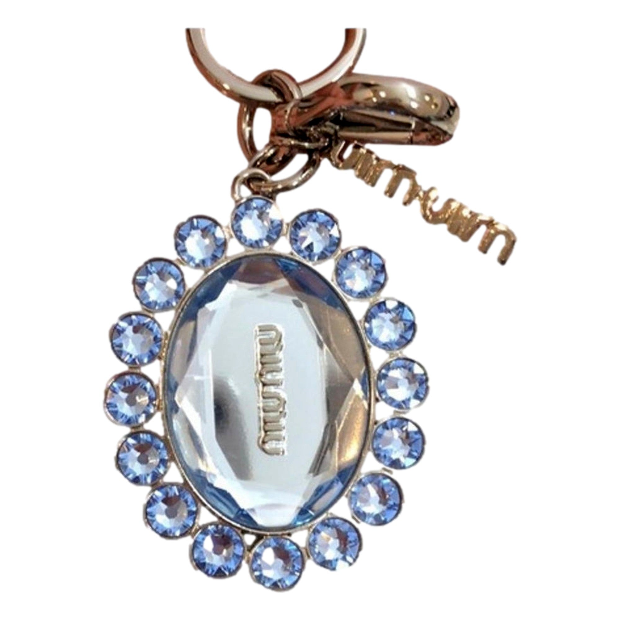 Miu Miu Crystal Key Chain - Elegant Rhinestone Bag Charm, Light Blue