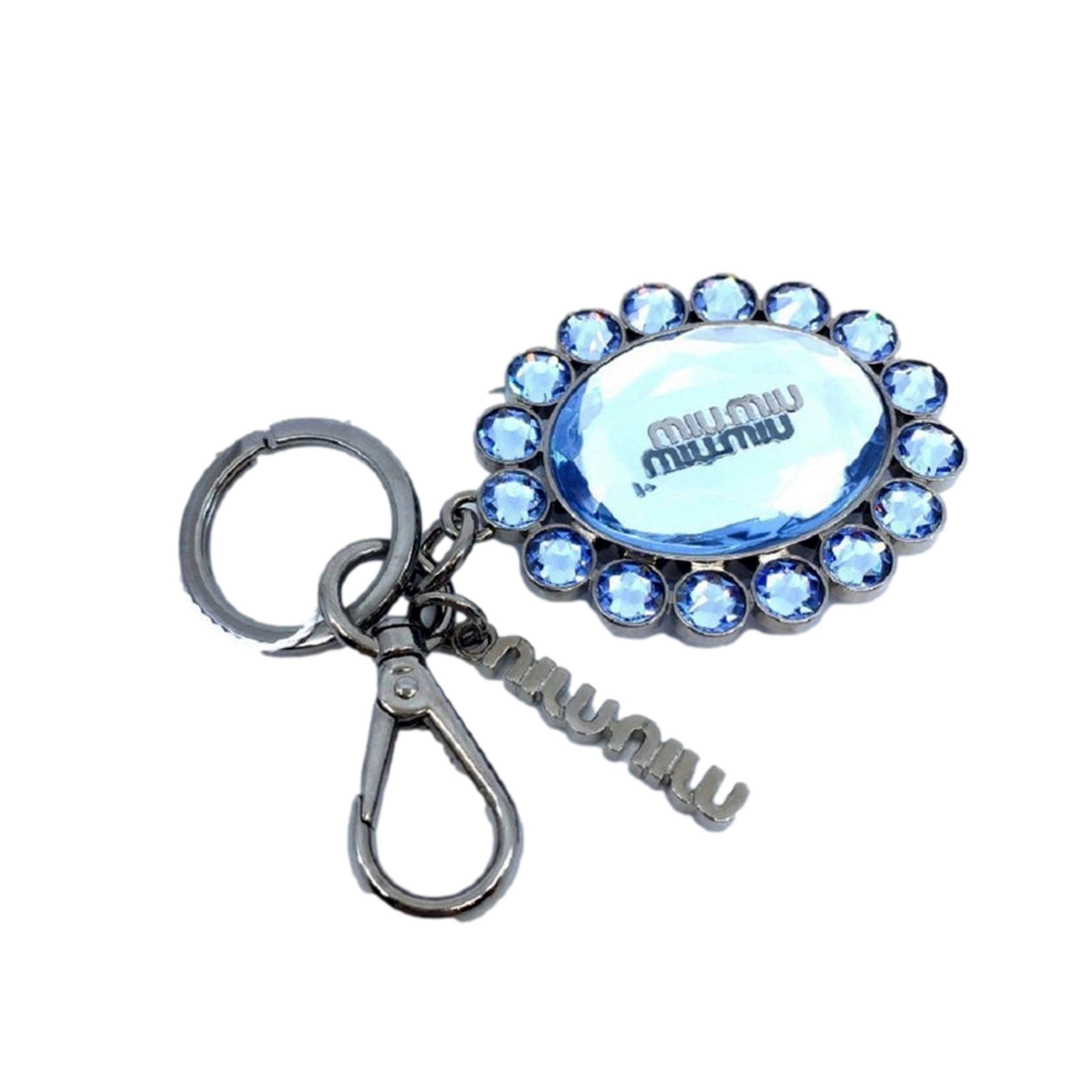 Miu Miu Crystal Key Chain - Elegant Rhinestone Bag Charm, Light Blue