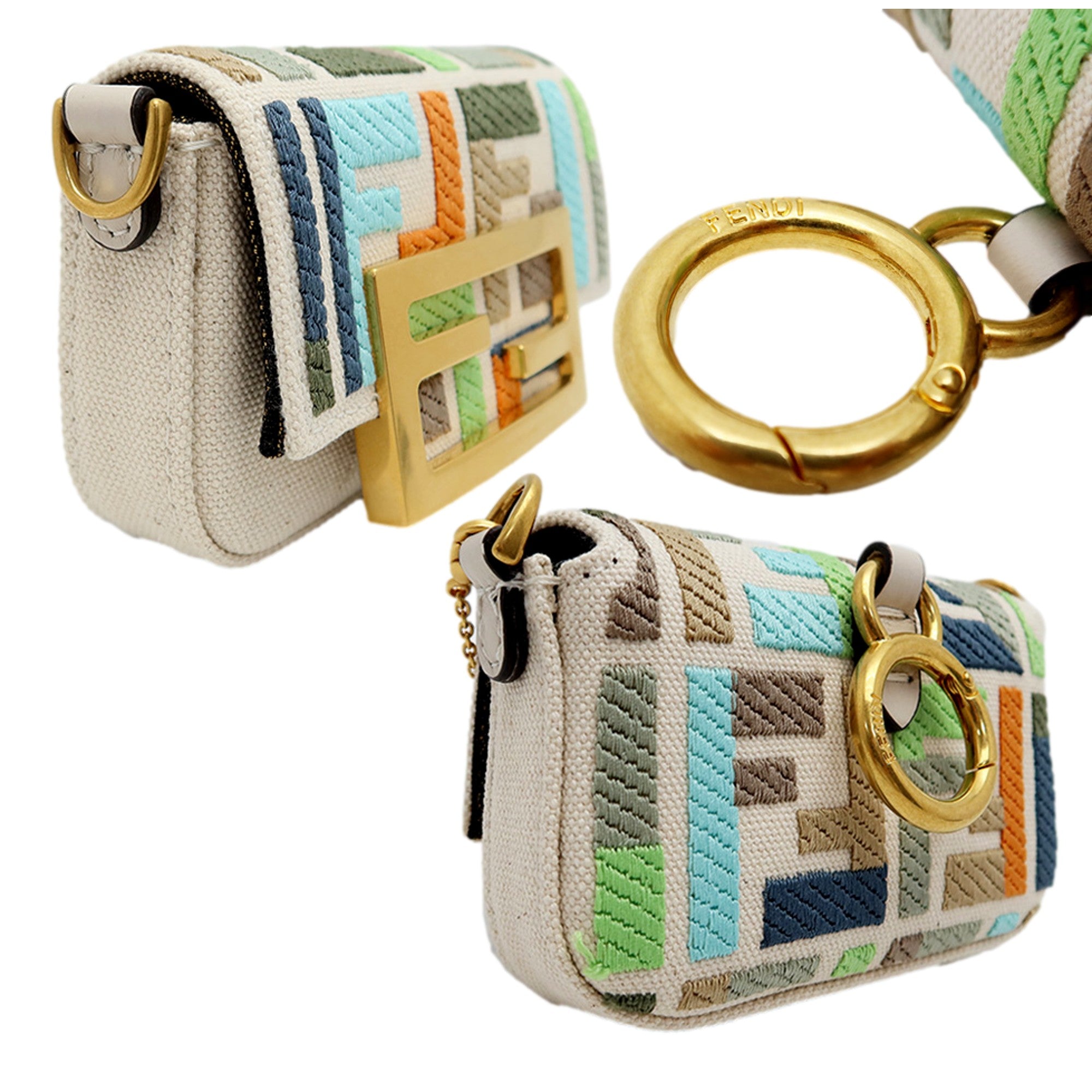 Fendi Canvas FF Embroidery Nano Baguette Charm - Beige Multicolor