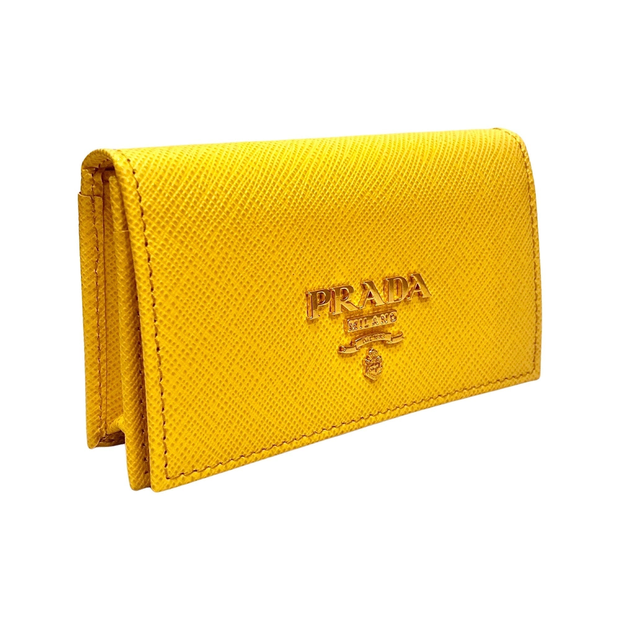 Prada Saffiano Yellow Leather Card Case Wallet - Stylish & Practical