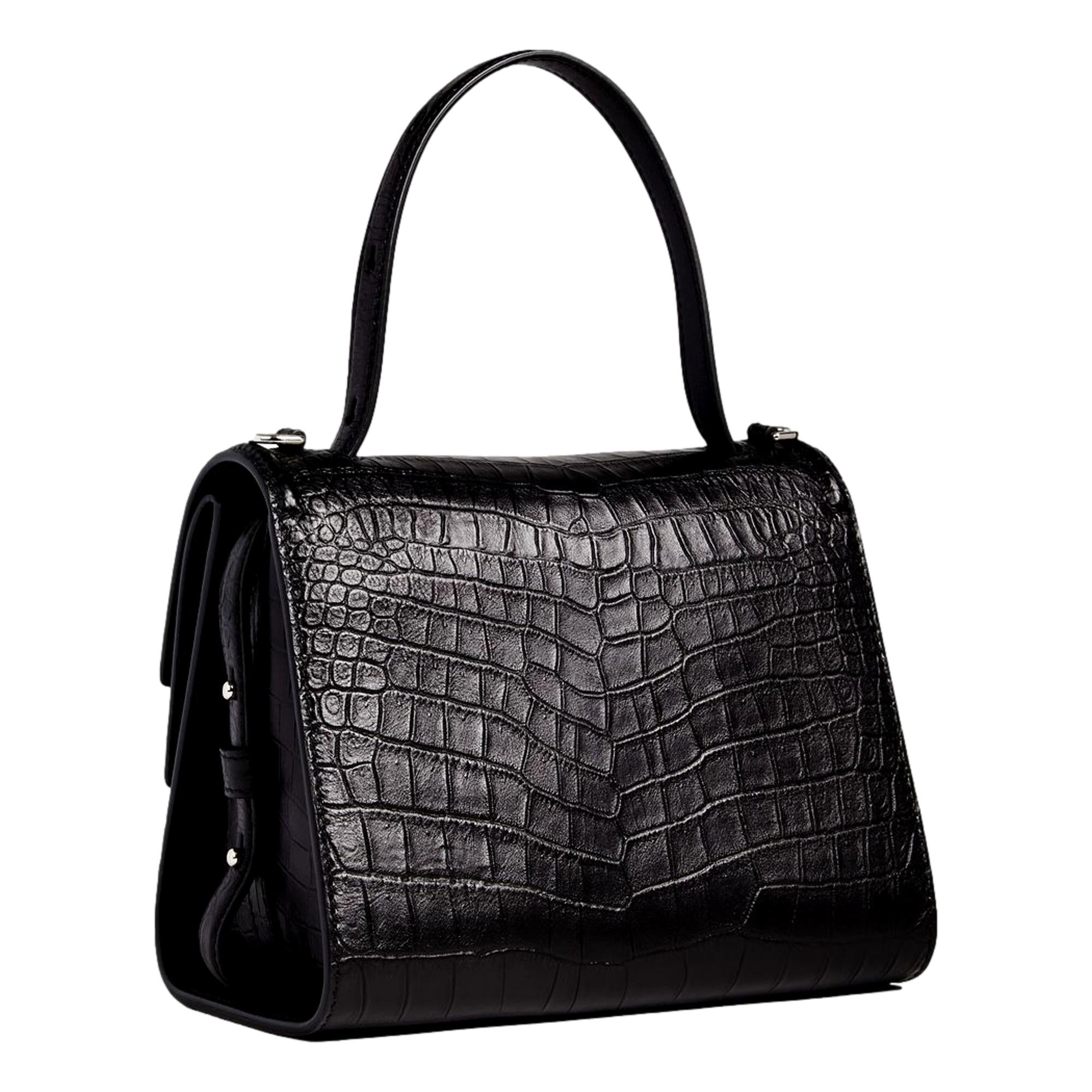 Luxury Black Satchel - Alexander McQueen Croc Print Leather Bag