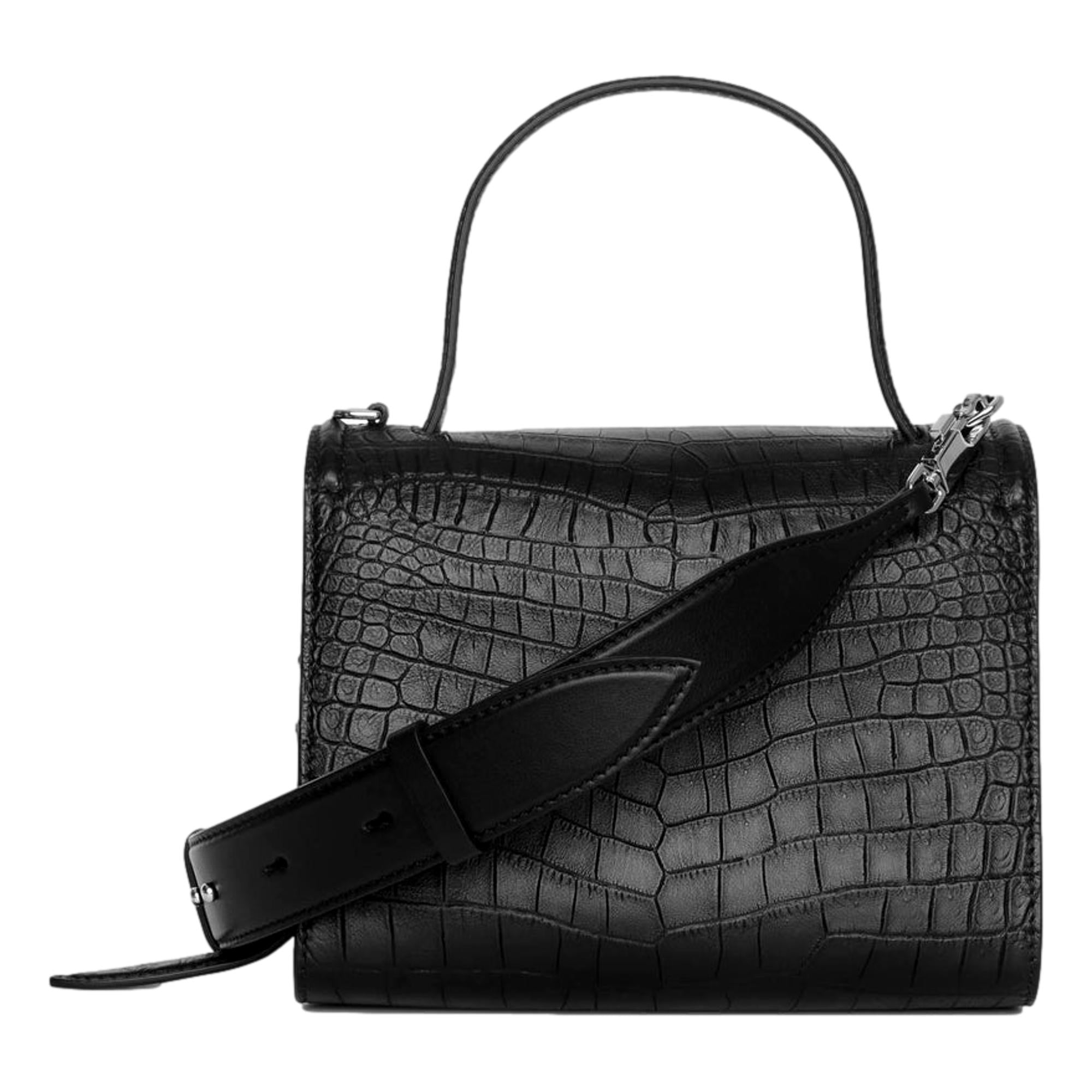 Luxury Black Satchel - Alexander McQueen Croc Print Leather Bag