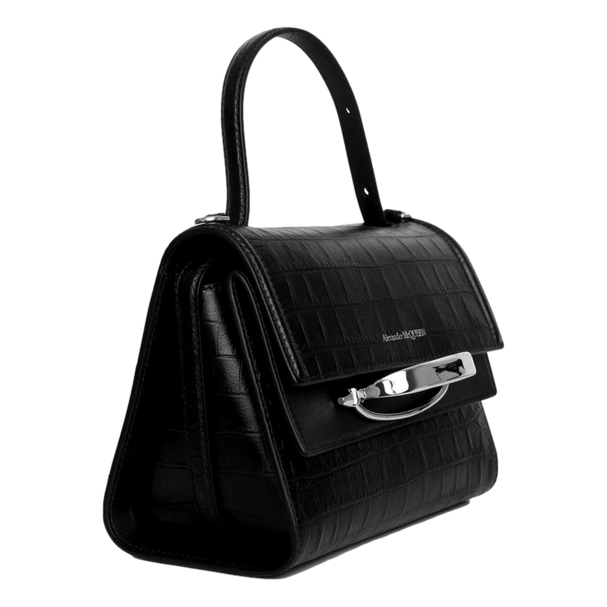 Luxury Black Satchel - Alexander McQueen Croc Print Leather Bag