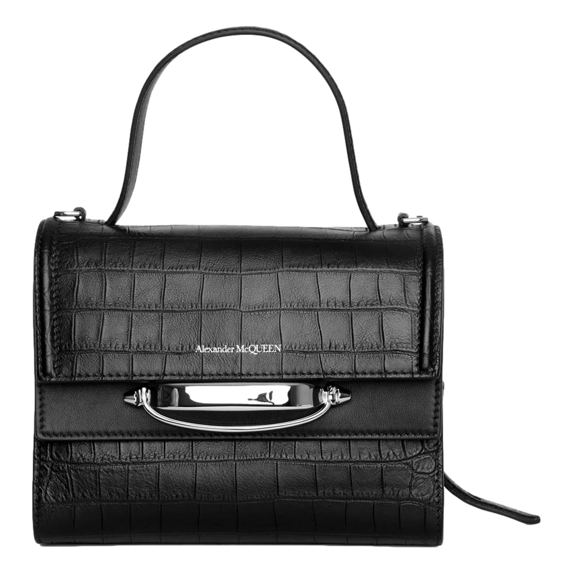 Luxury Black Satchel - Alexander McQueen Croc Print Leather Bag