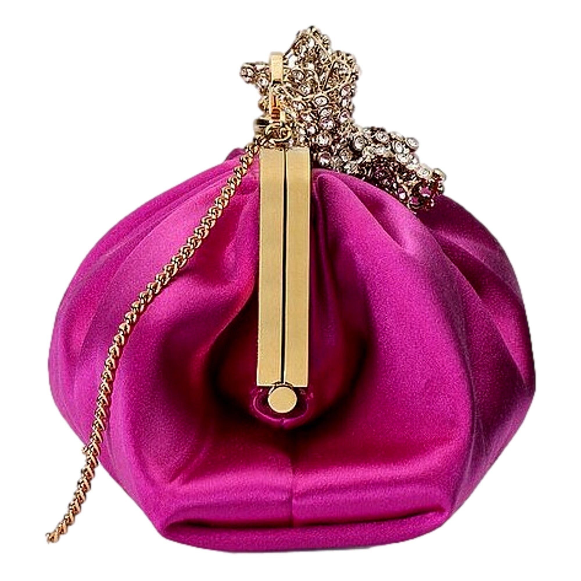 Gucci Fuchsia Satin Clutch with Crystal Bow - Elegant Evening Bag
