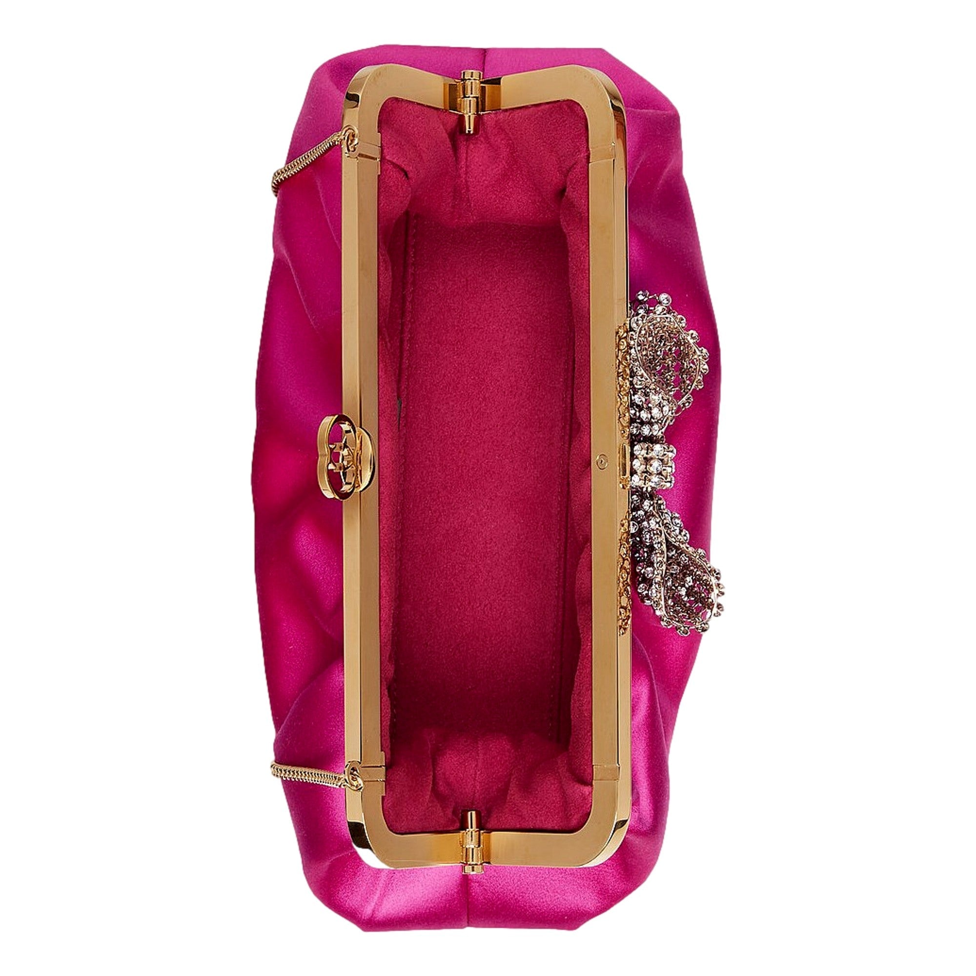 Gucci Fuchsia Satin Clutch with Crystal Bow - Elegant Evening Bag