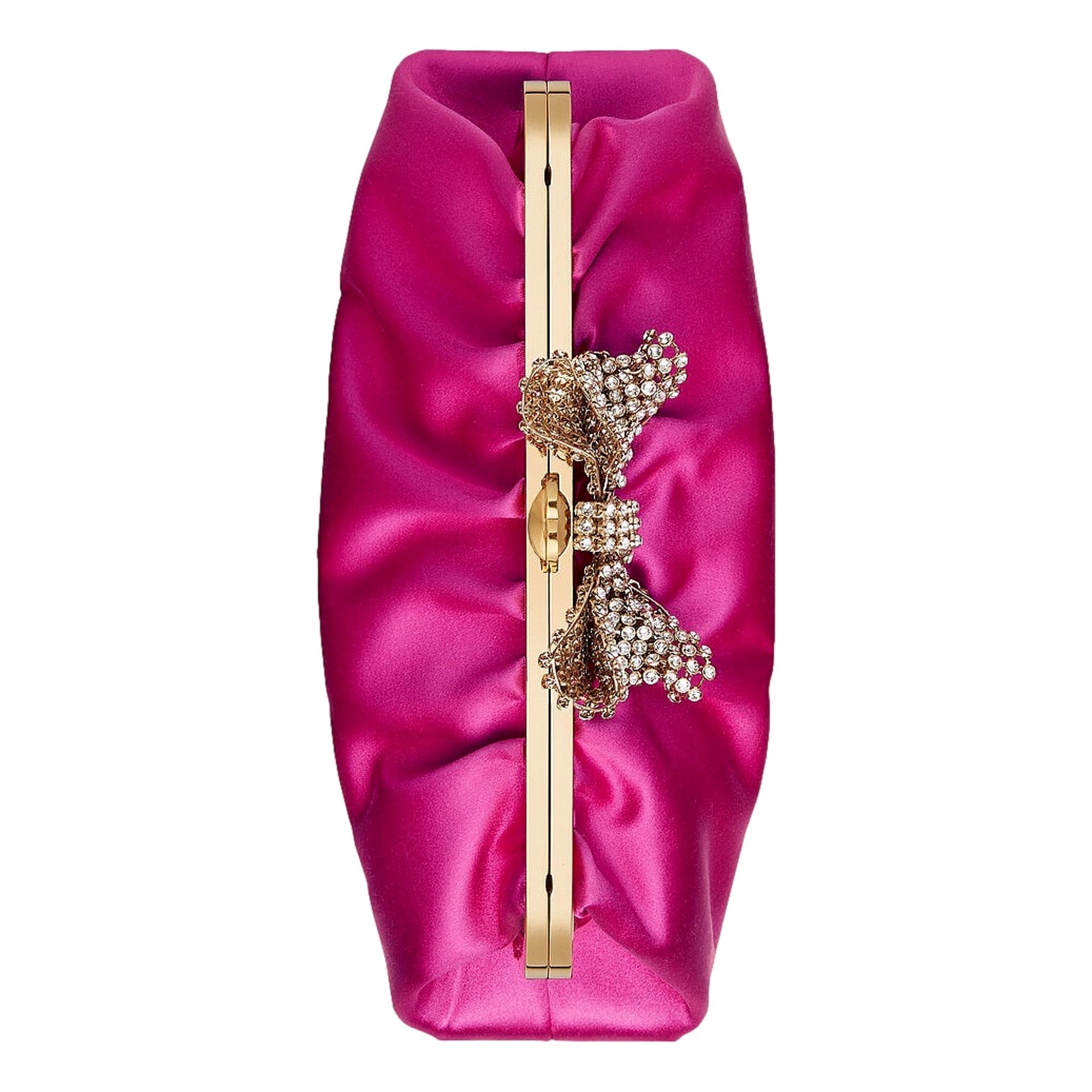 Gucci Fuchsia Satin Clutch with Crystal Bow - Elegant Evening Bag