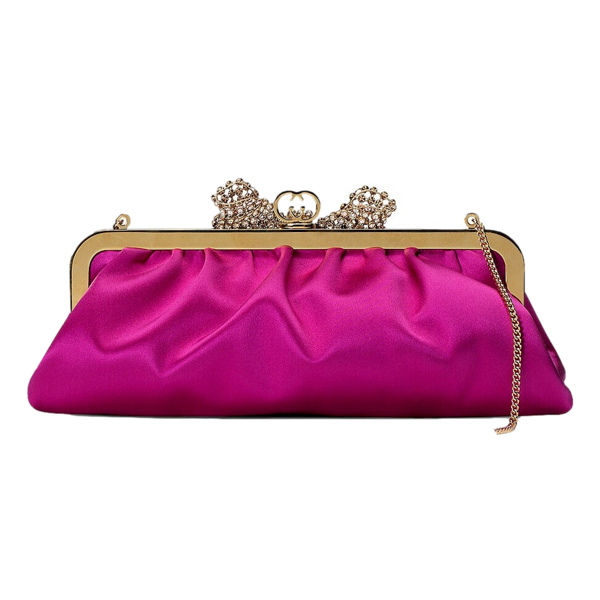 Gucci Fuchsia Satin Clutch with Crystal Bow - Elegant Evening Bag