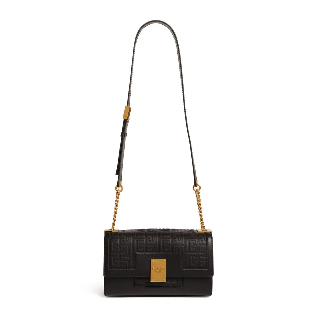 Stylish Balmain Shoulder Bag - Black Leather Embossed Flap, Must-Have!