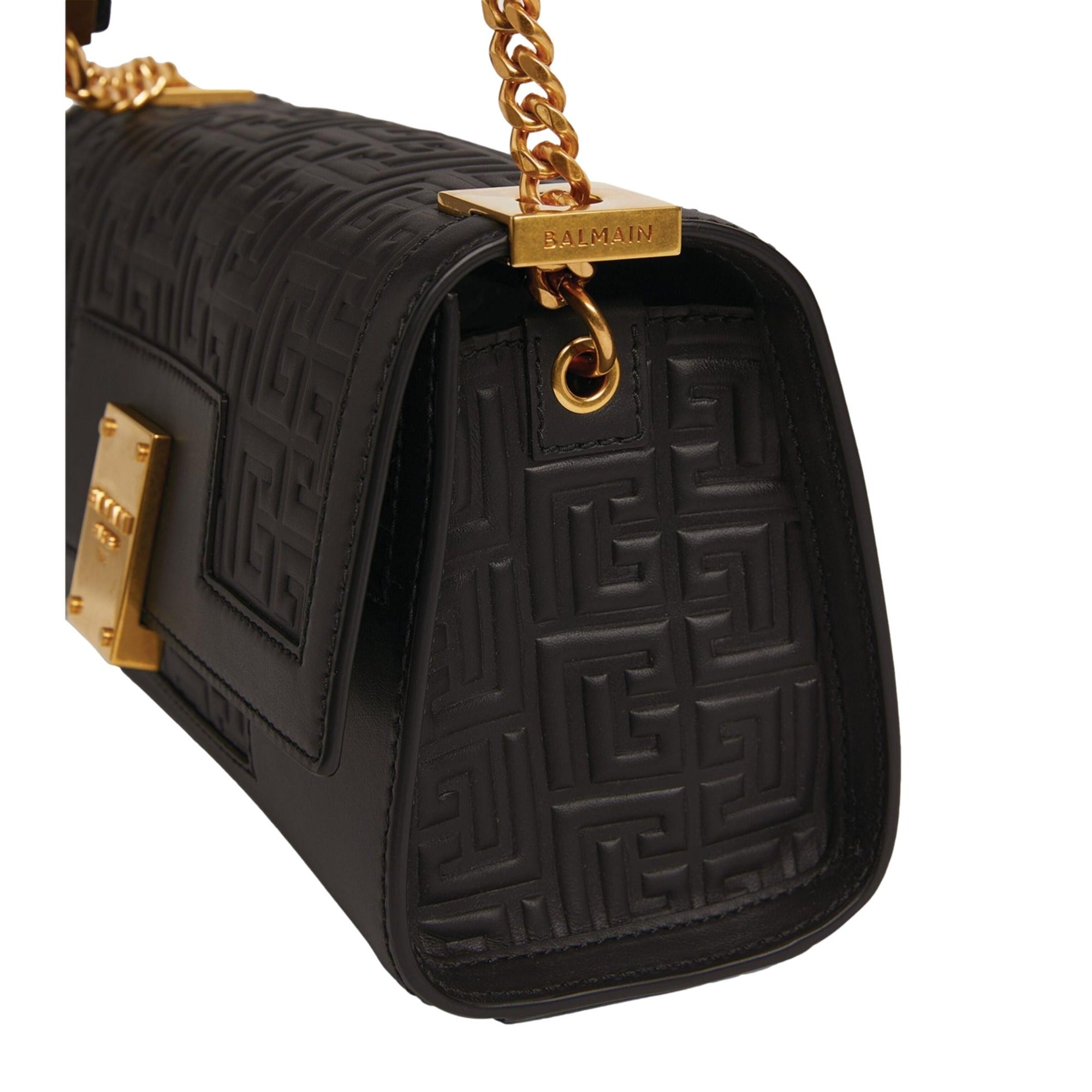 Stylish Balmain Shoulder Bag - Black Leather Embossed Flap, Must-Have!