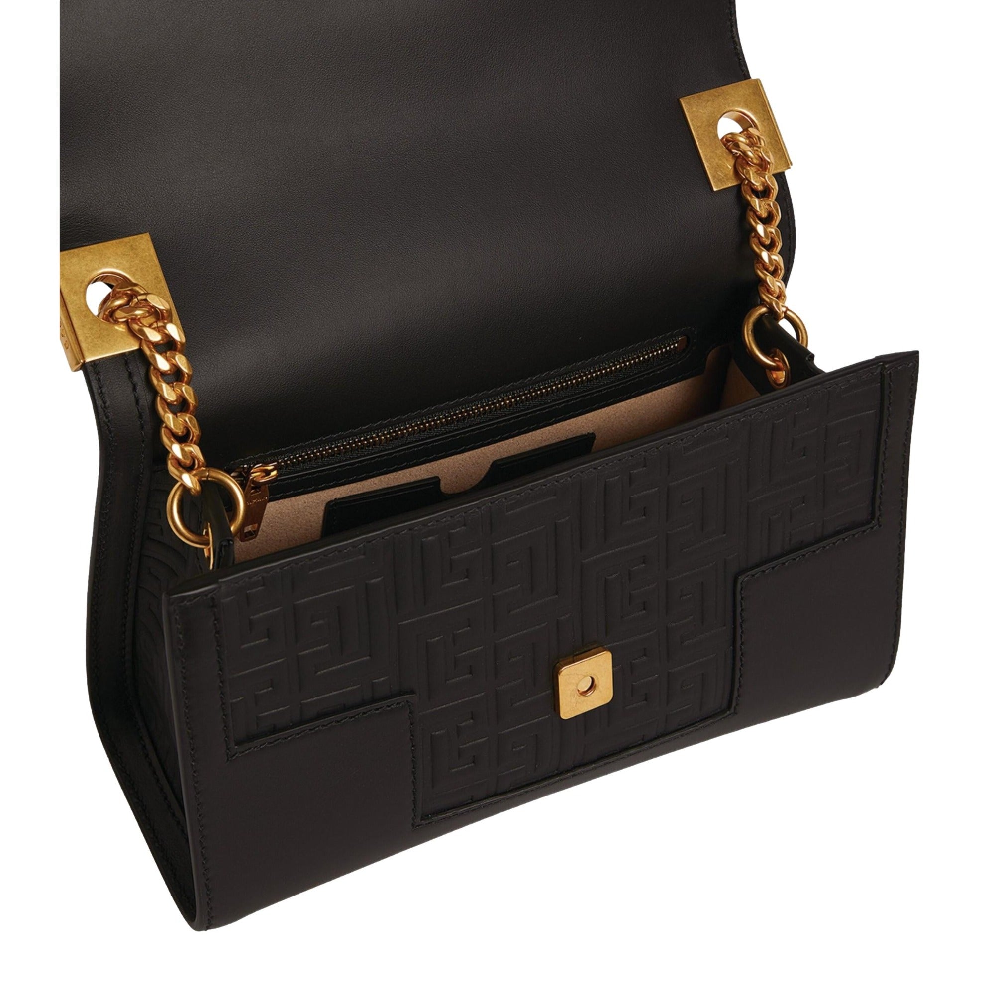 Stylish Balmain Shoulder Bag - Black Leather Embossed Flap, Must-Have!