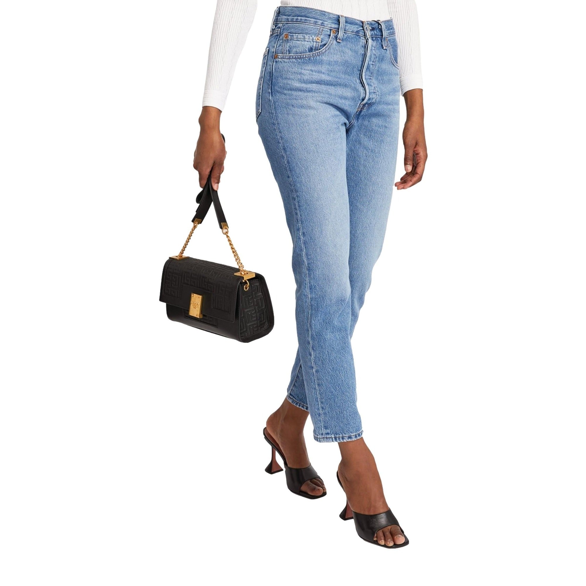 Stylish Balmain Shoulder Bag - Black Leather Embossed Flap, Must-Have!