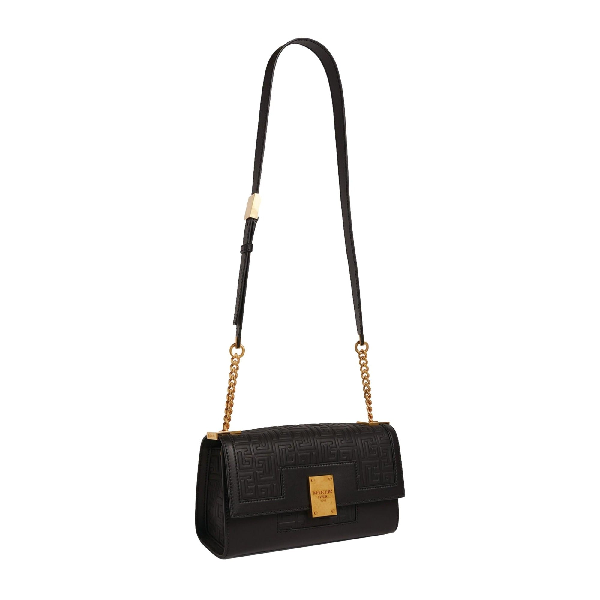 Stylish Balmain Shoulder Bag - Black Leather Embossed Flap, Must-Have!